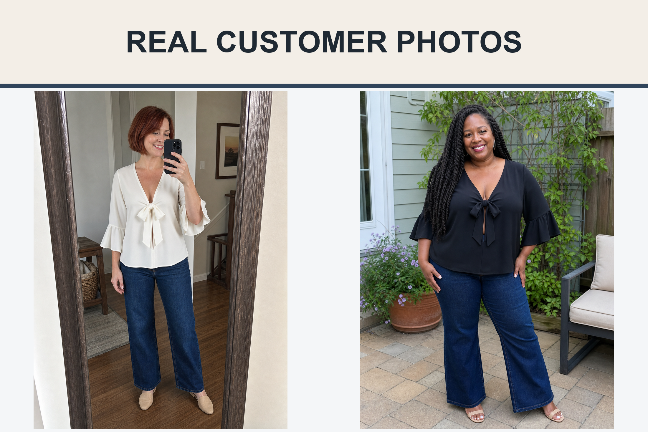 Real customer photos wearing ivory and black tie-front blouses