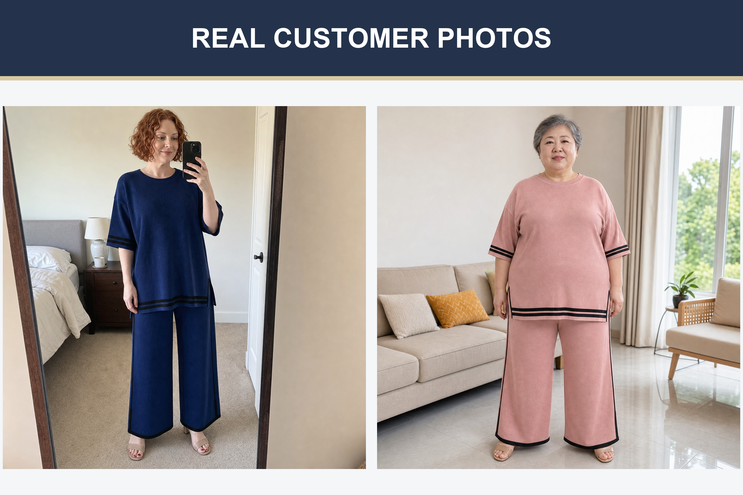 Real customer photos wearing navy and dusty rose knit pants sets