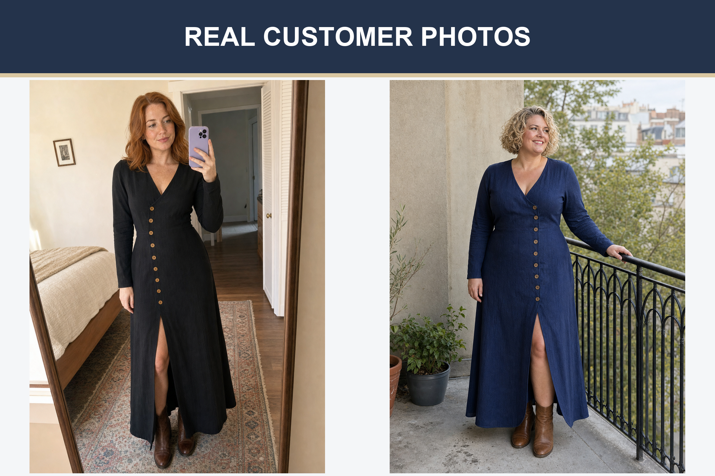 Real customer button slit maxi dress photos in black and navy