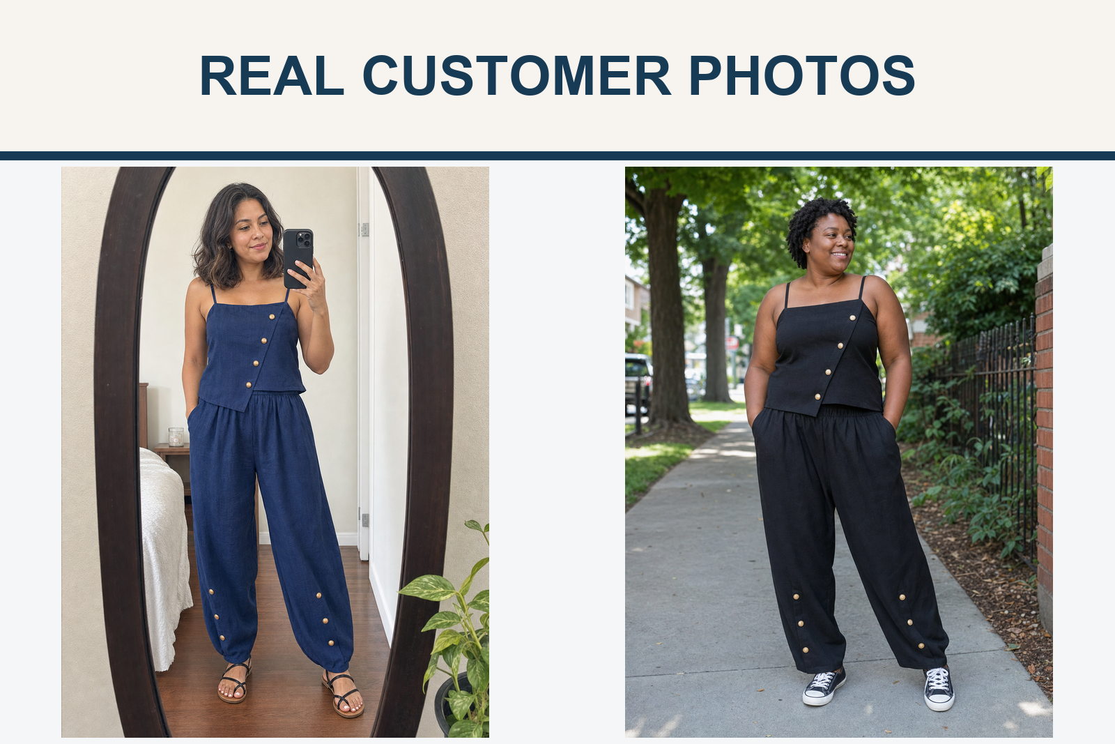 Real customer photos wearing navy and black sets