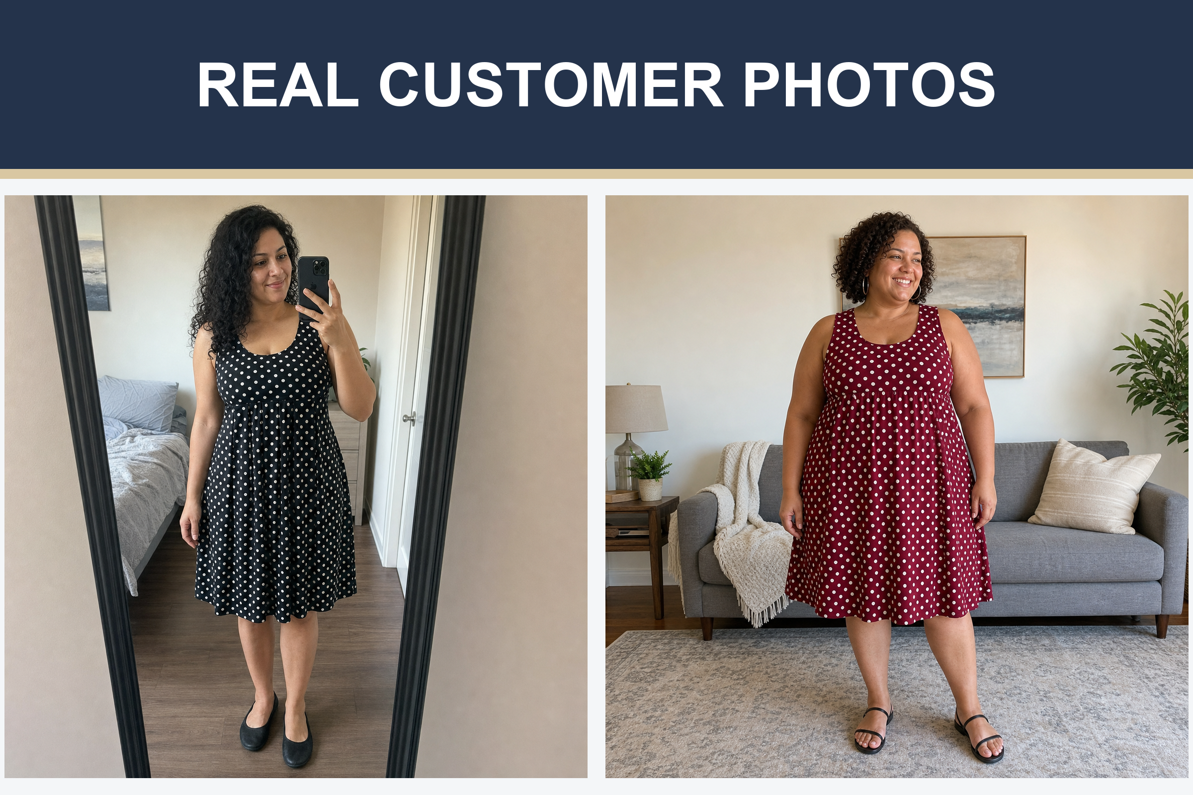Real customer photos wearing black and burgundy polka dot dresses