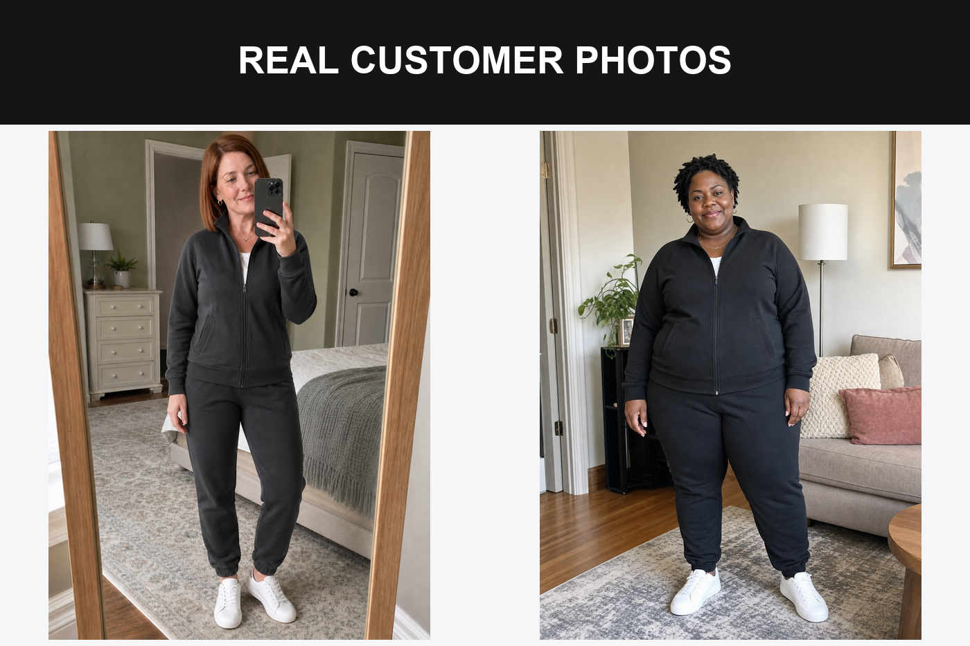 Real customers wearing charcoal and black tracksuits