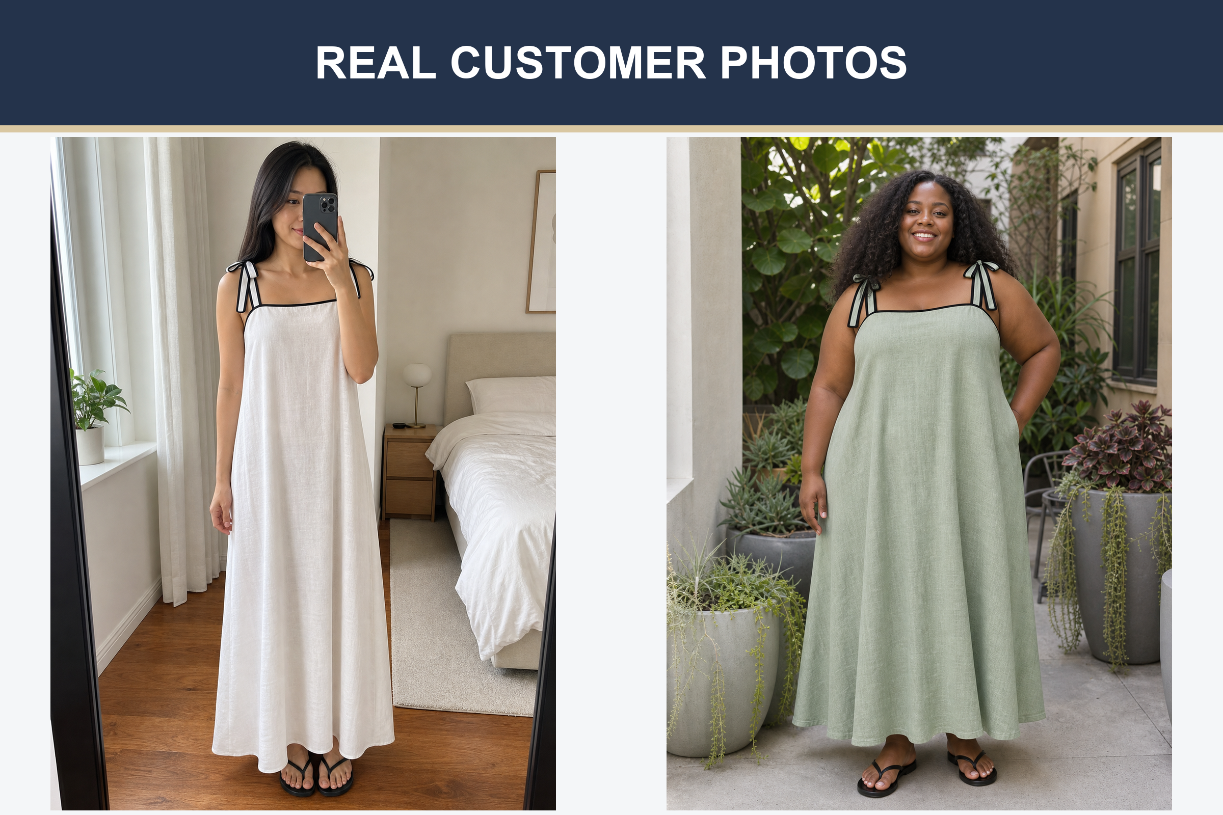 Real customer photos in soft white and sage green dresses