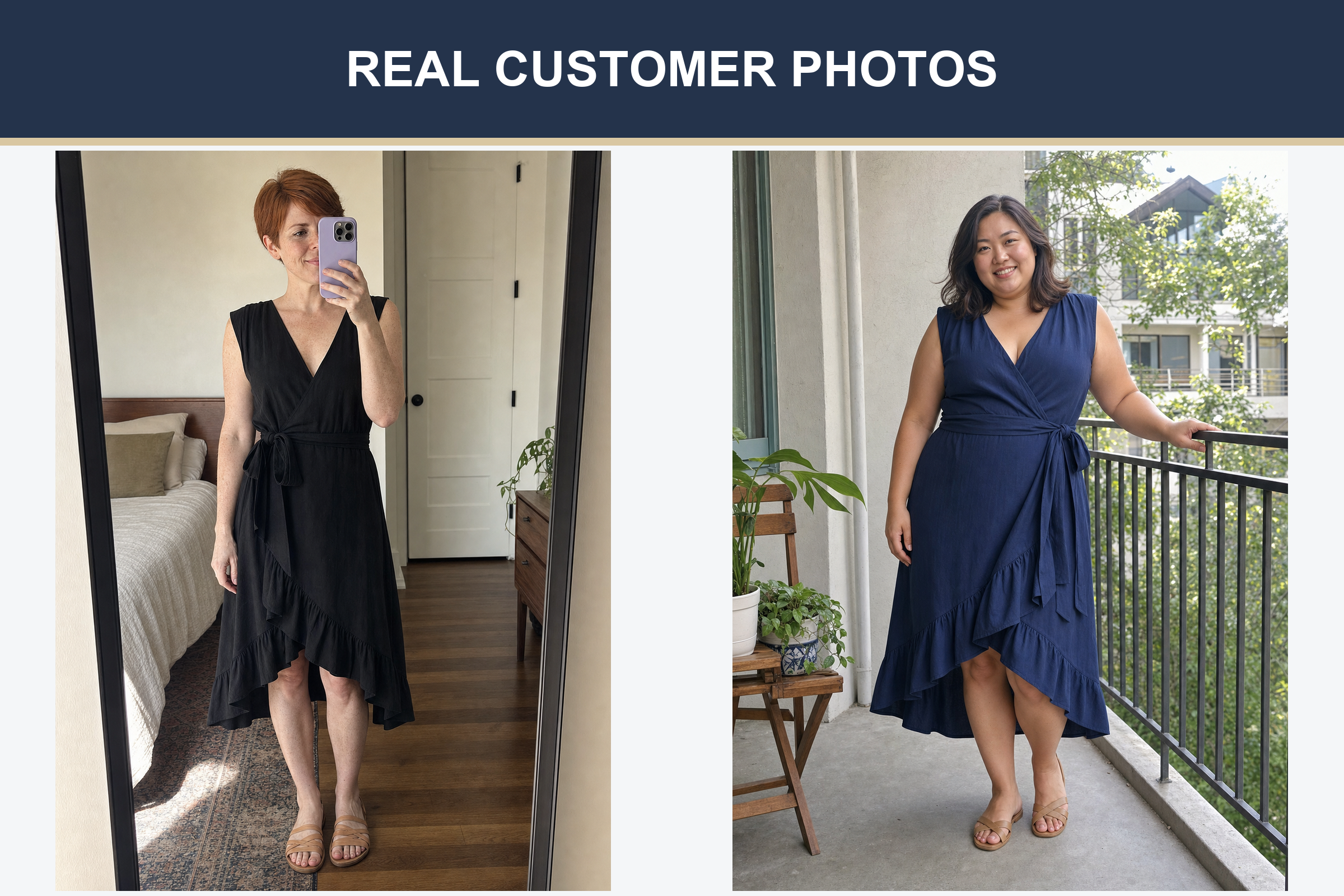 Real customer wrap midi dress photos in black and navy