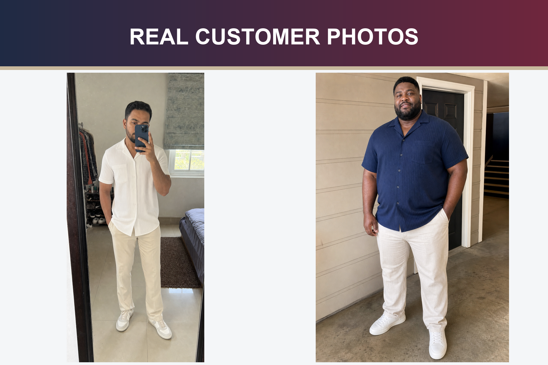 Real customer photos wearing white and navy shirts