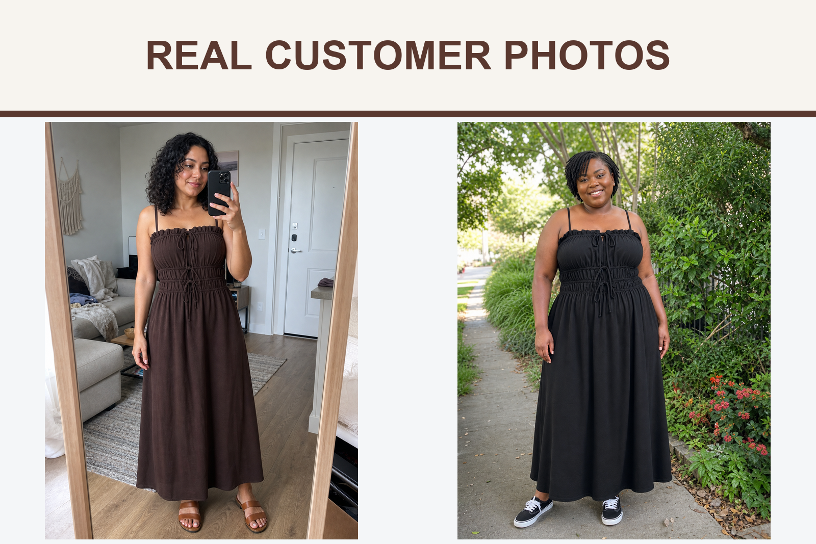 Real customer photos wearing chocolate and black maxi dresses