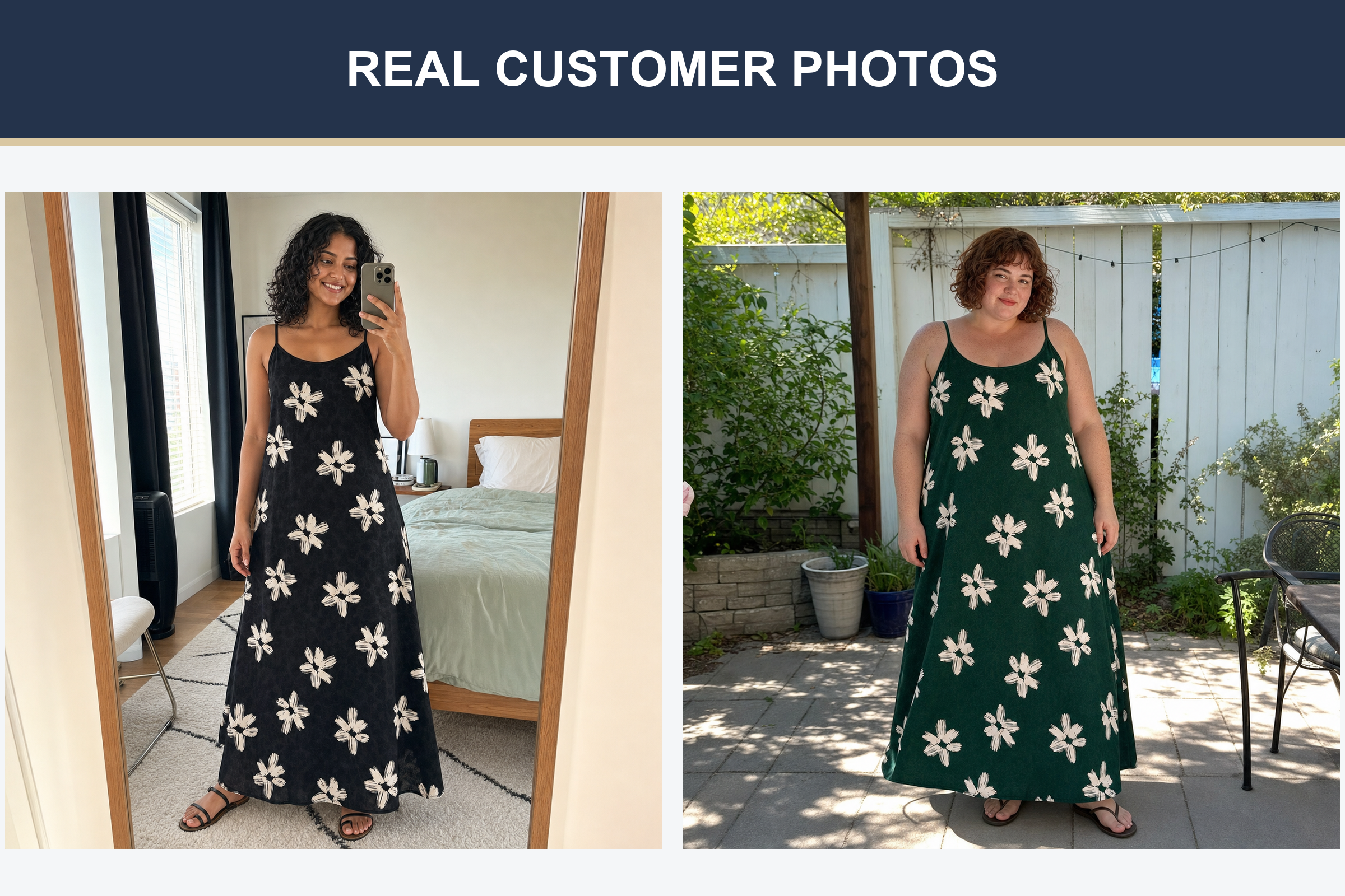 Real customer photos wearing black and forest green floral maxi dresses