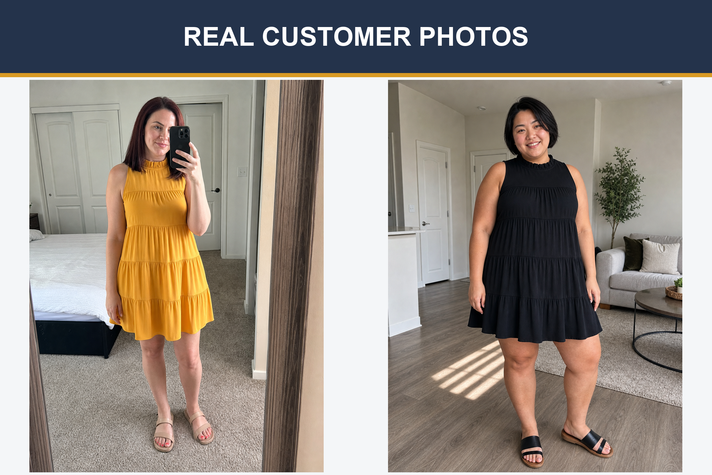 Real customer photos wearing mustard and black tiered dresses