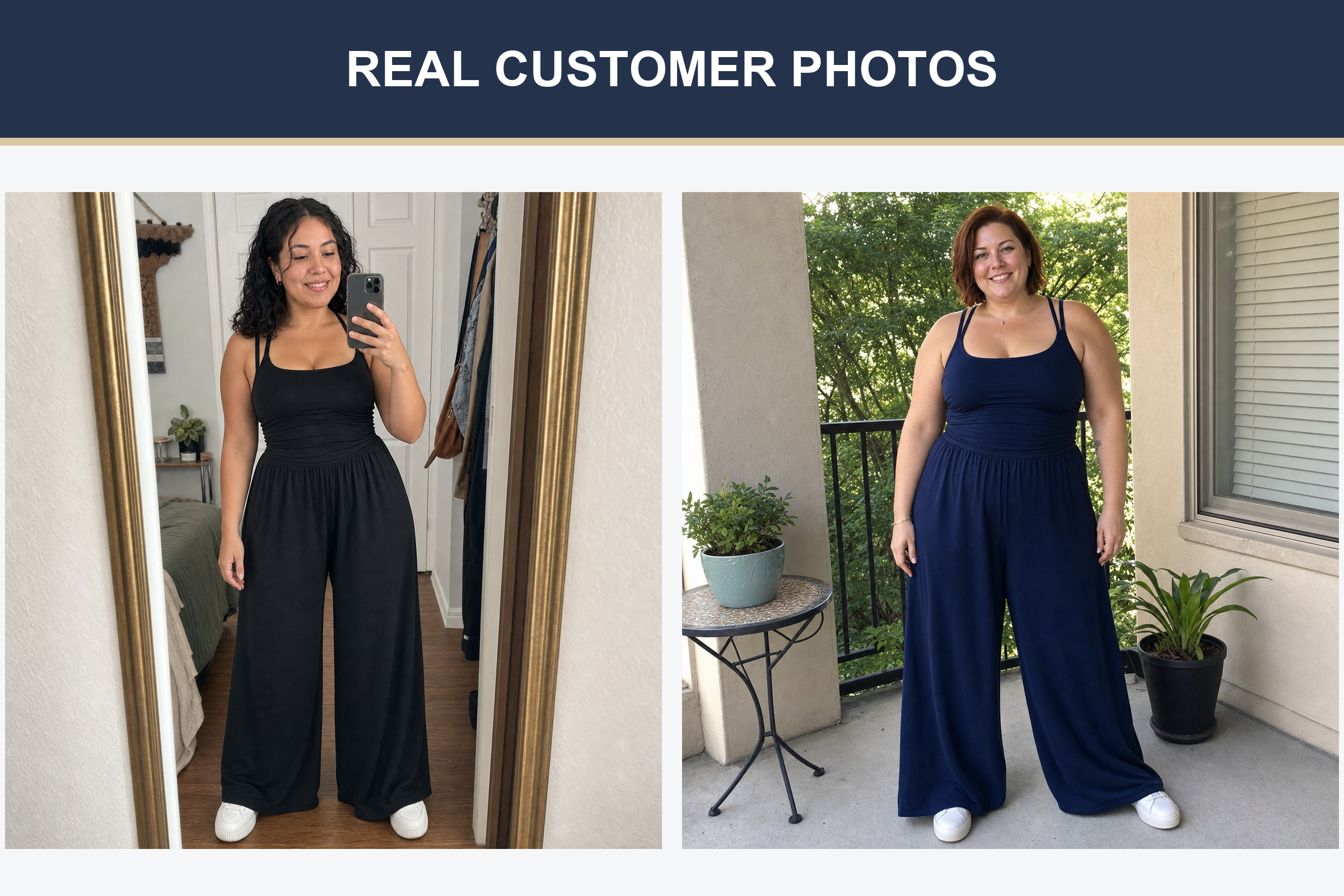 Real customer photos wearing black and midnight navy wide-leg jumpsuits