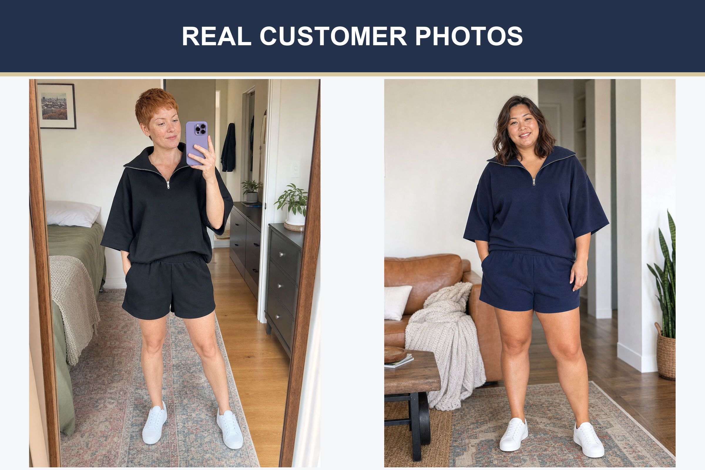 Real customer half-zip shorts set photos in black and navy