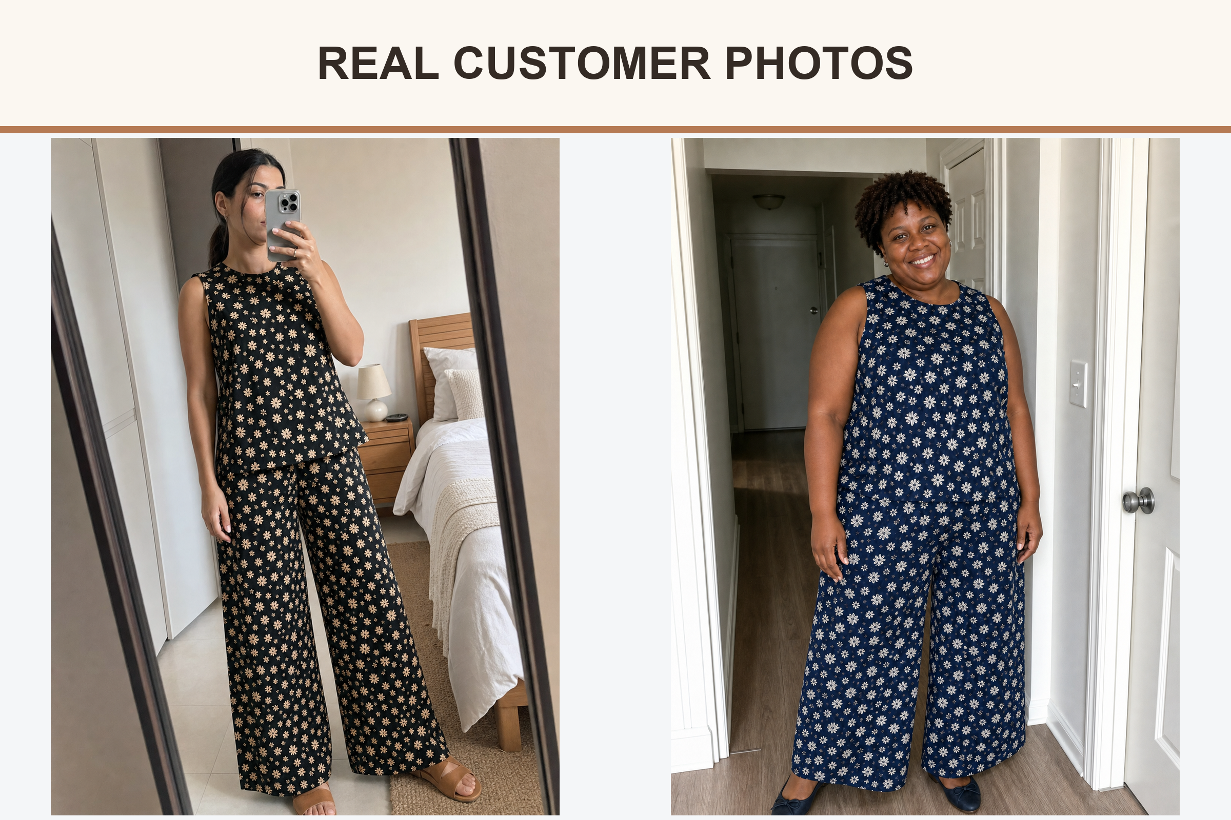 Customer photos wearing black and navy daisy print sets