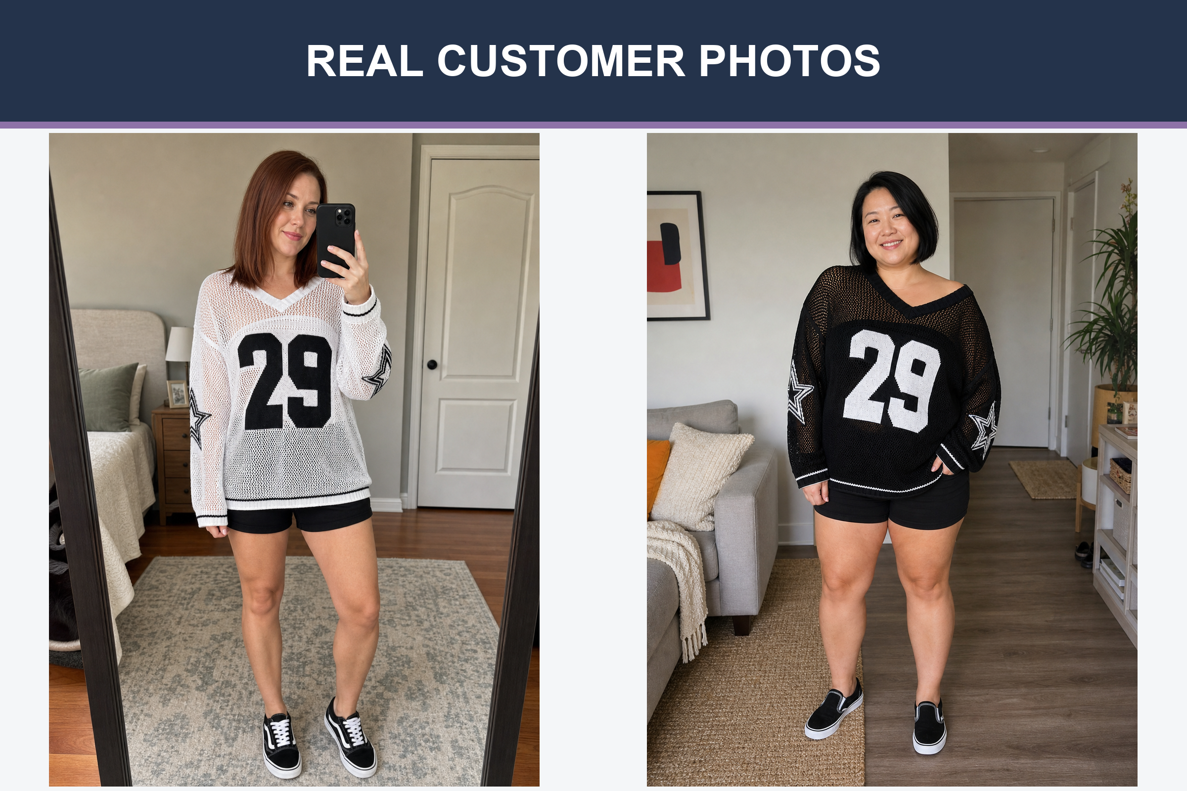 Real customer photos wearing white and black open knit star sweaters