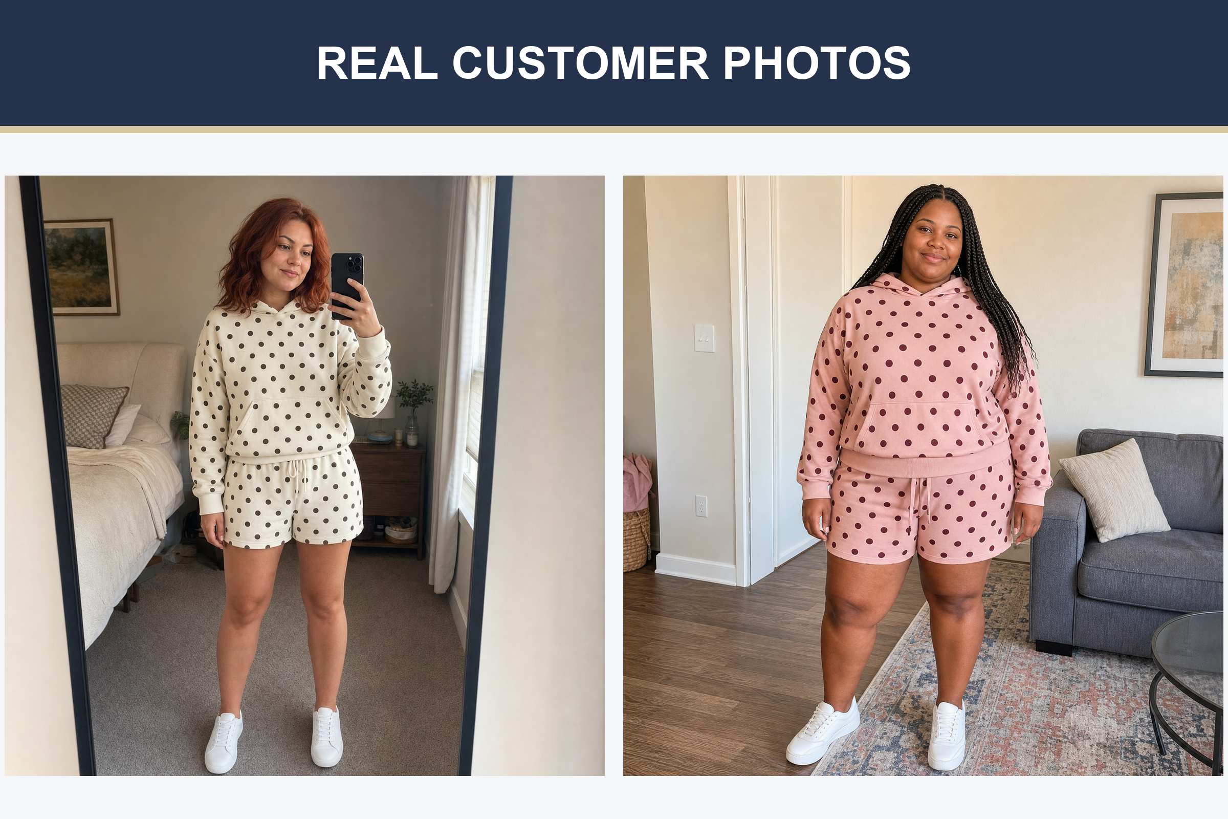 Real customer photos wearing ivory and dusty rose polka dot sets