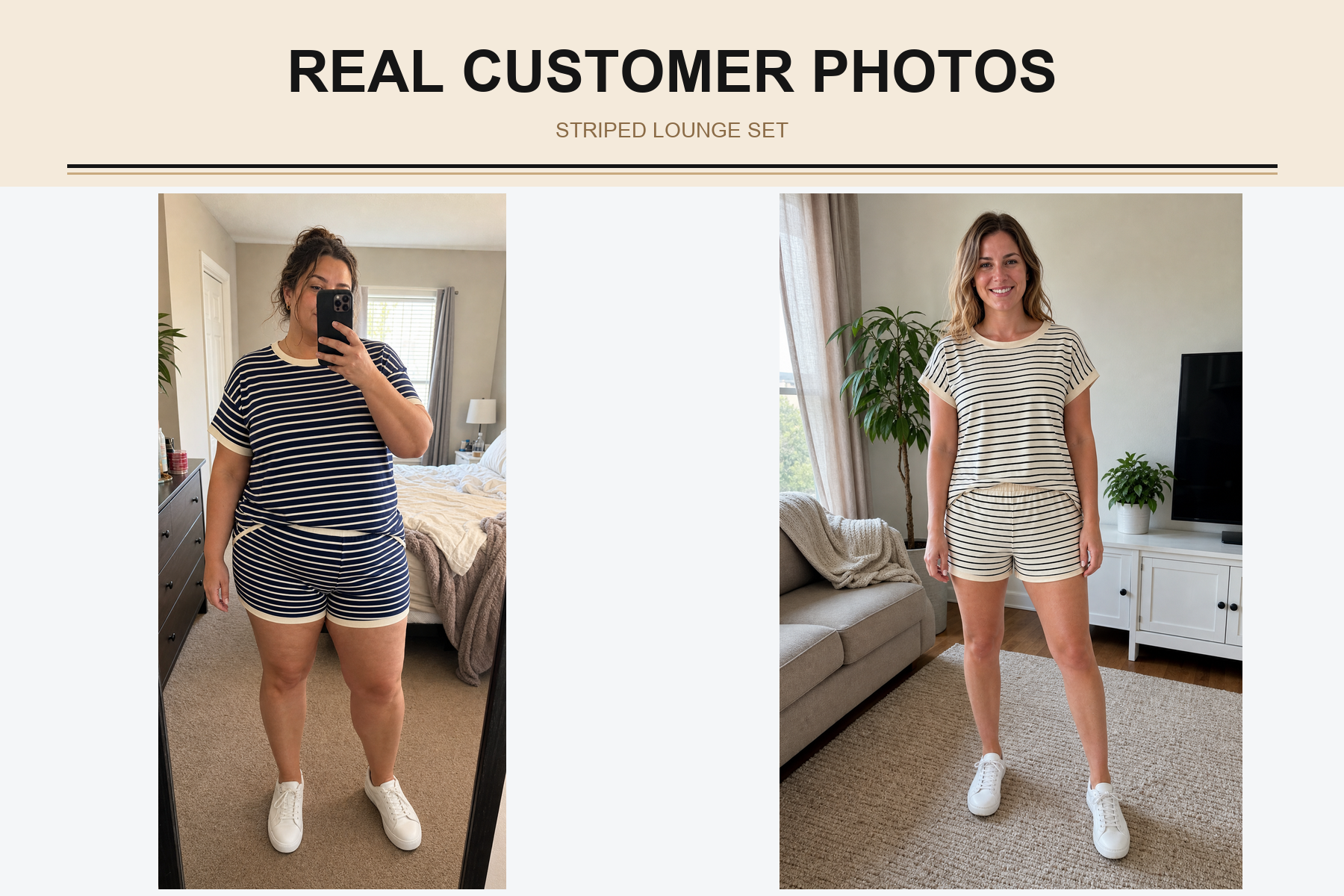 Real customer photos wearing navy and cream striped lounge sets