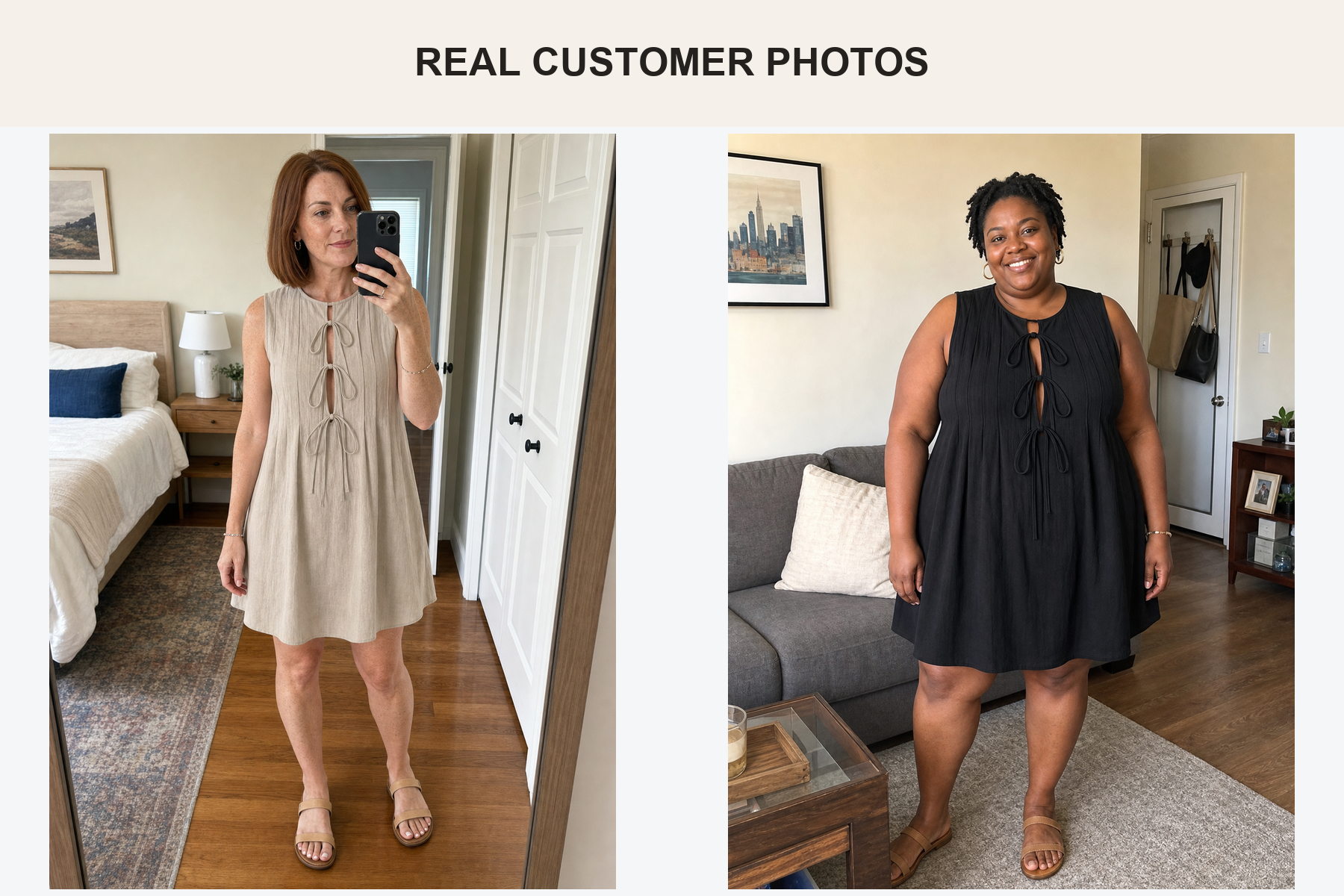 Real customer photos wearing sand and black tie-front dresses