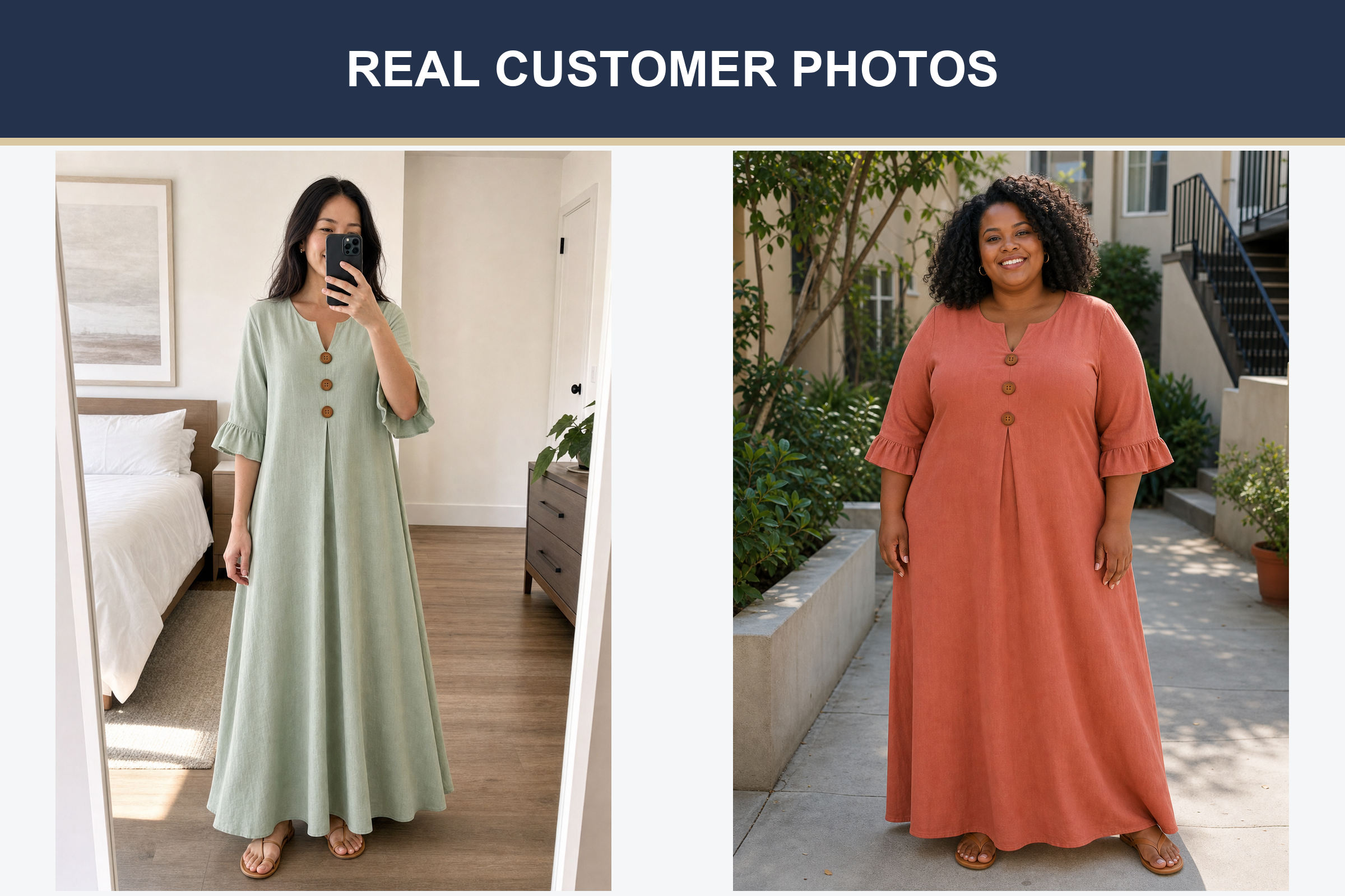 Real customer photos in sage and terracotta dresses
