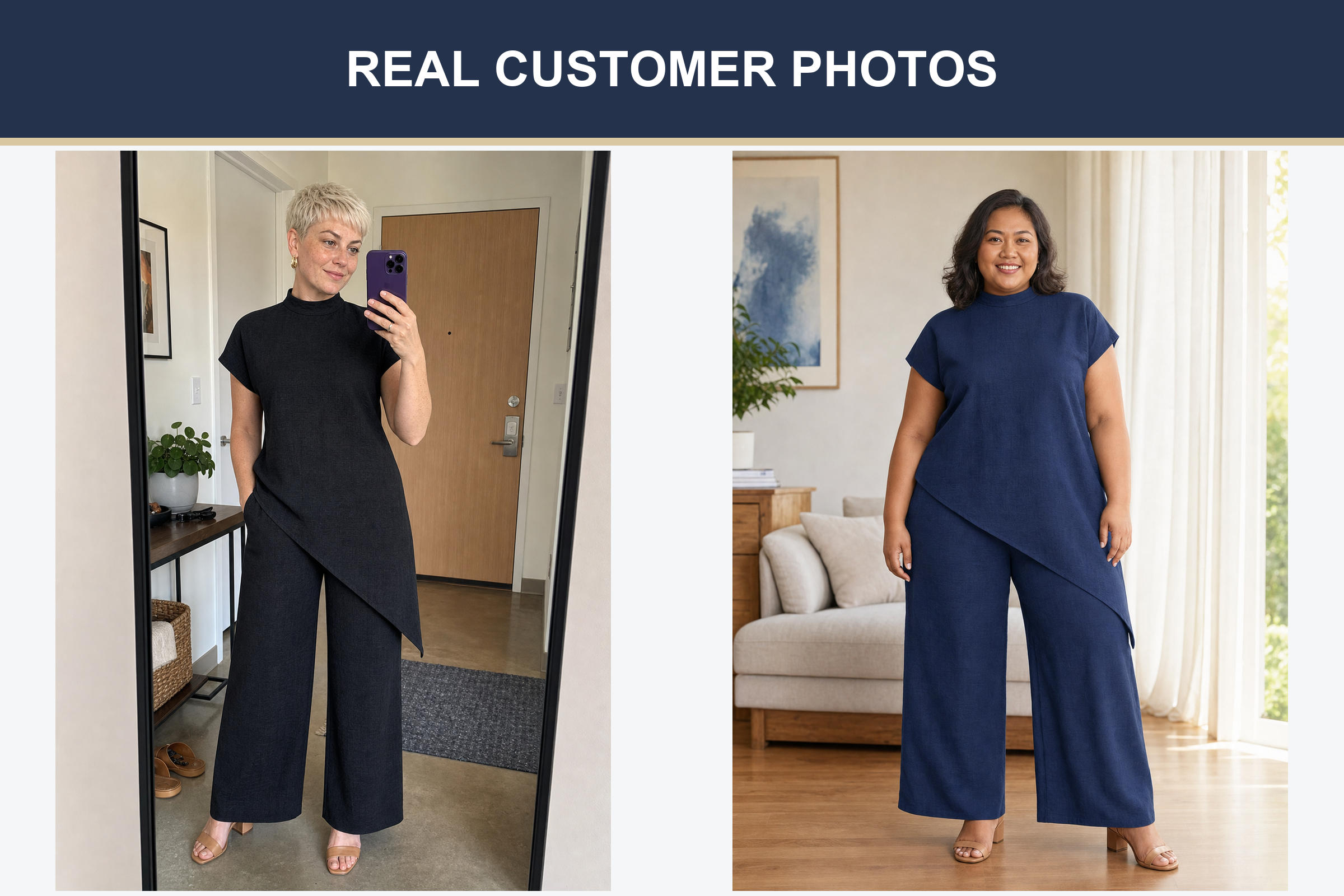 Real customer asymmetric pants set photos in black and navy