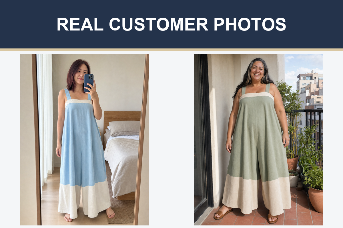 Customer photos wearing blue and sage colorblock jumpsuits