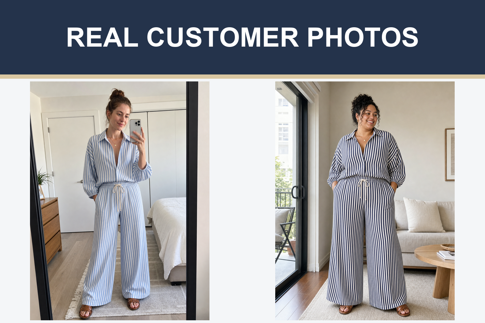 Real customer photos wearing blue and navy striped pants sets