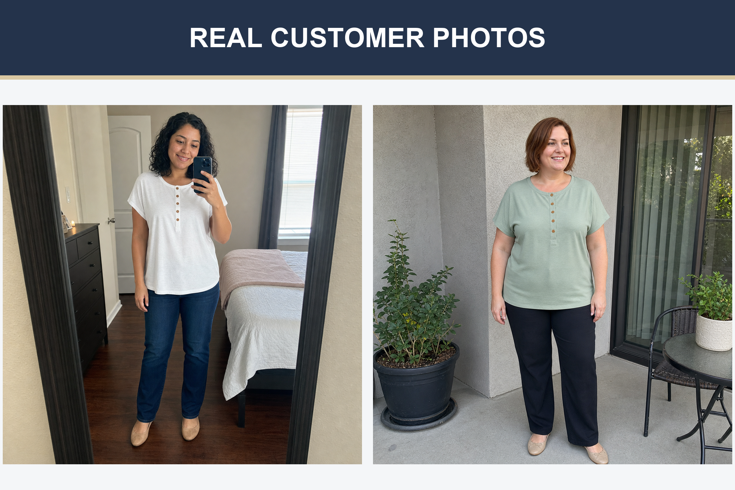 Real customer photos wearing soft white and sage Henley tops