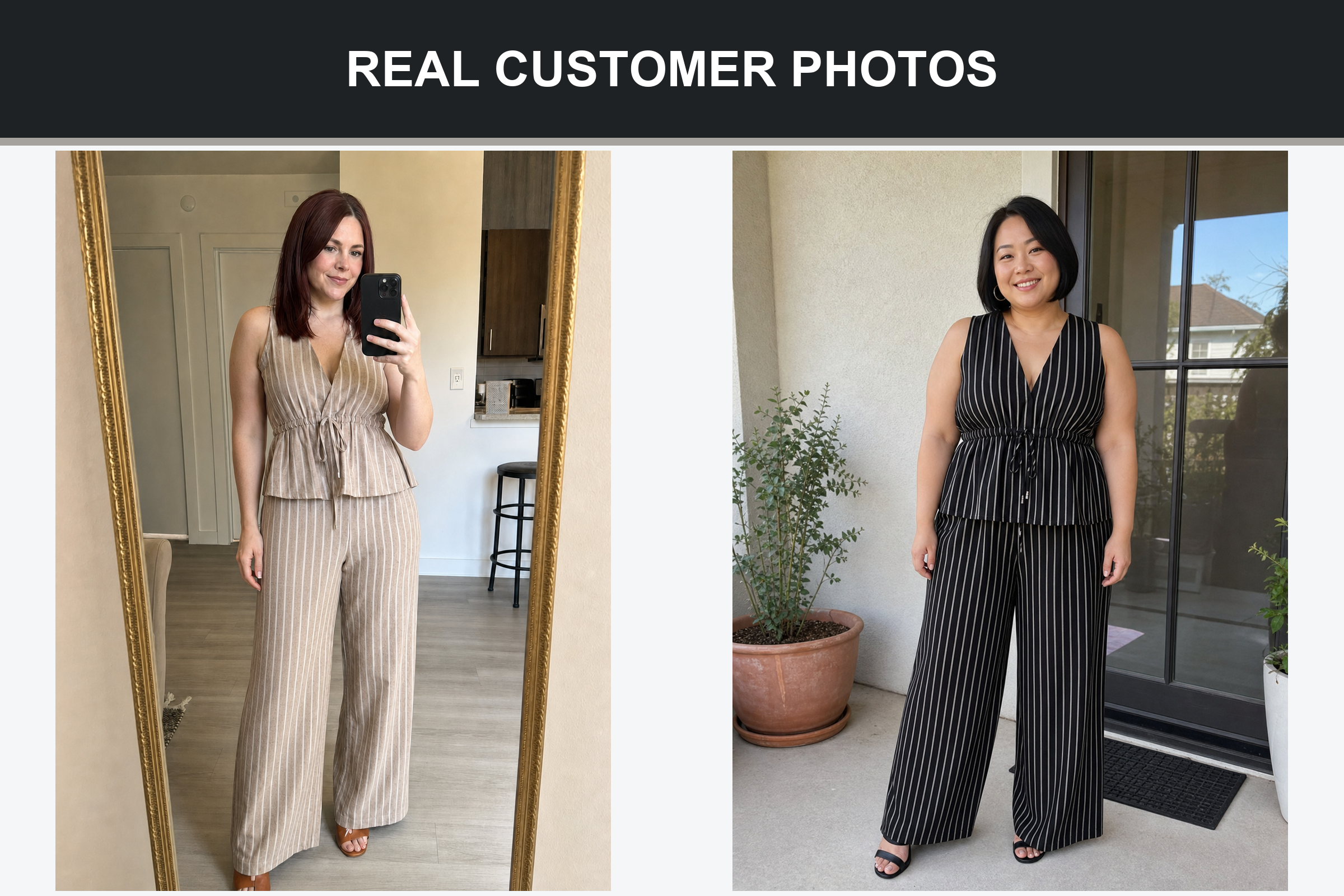 Real customer photos wearing taupe and black pinstripe pants sets