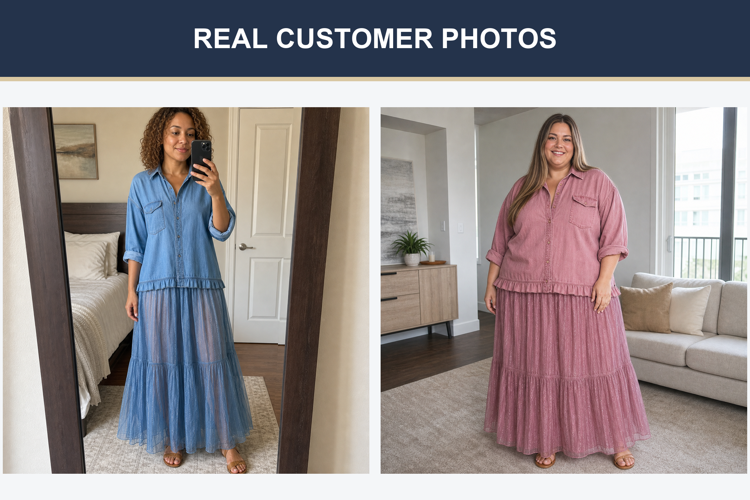 Real customer photos wearing blue and dusty rose tiered skirt sets