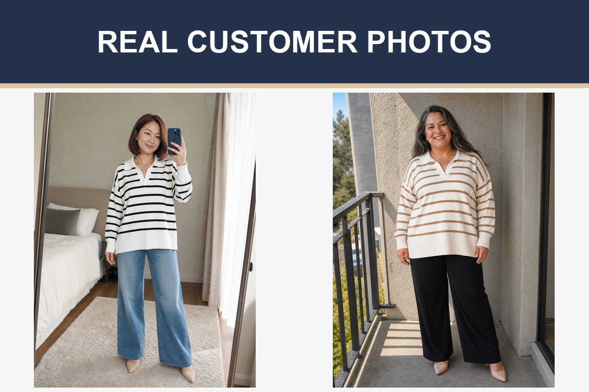 Customer photos wearing black white and cream camel knit tops