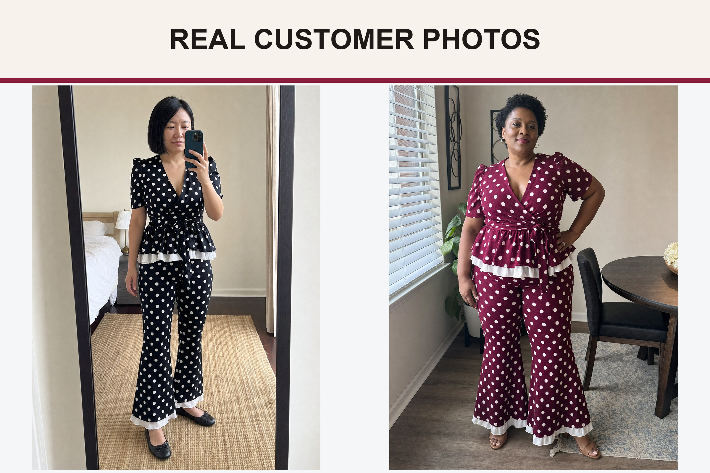 Real customer polka dot set photos in black and burgundy