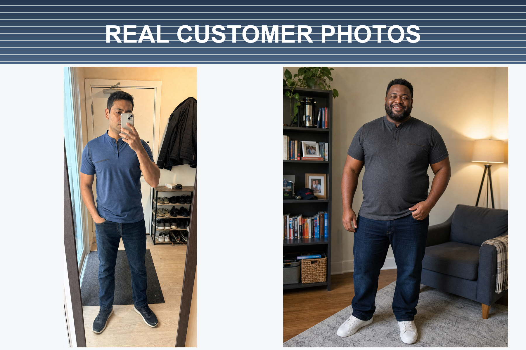 Real customer photos of men's short sleeve Henley shirts set one