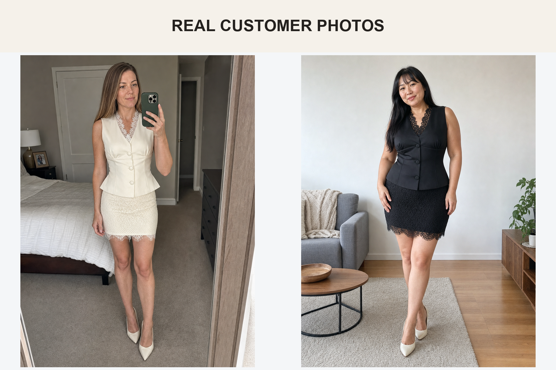 Real customer photos wearing ivory and black lace sets