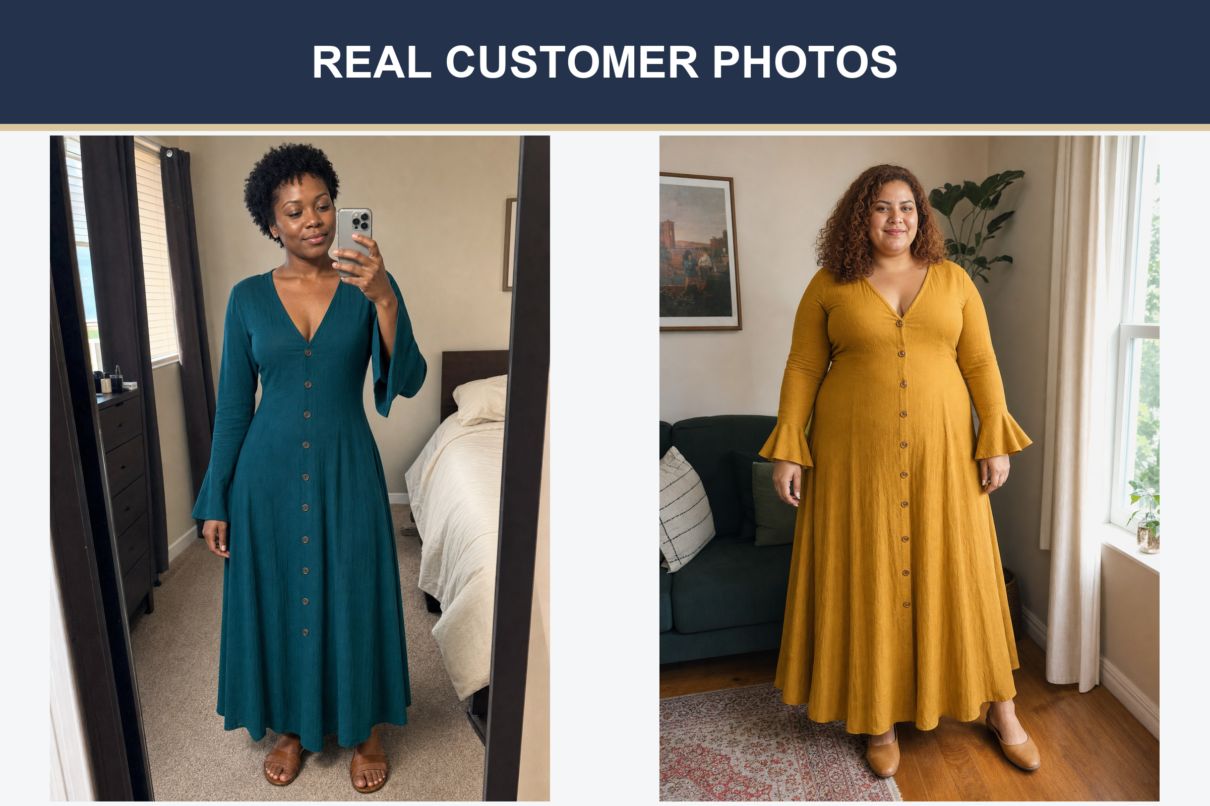 Real customer photos wearing teal and mustard maxi dresses