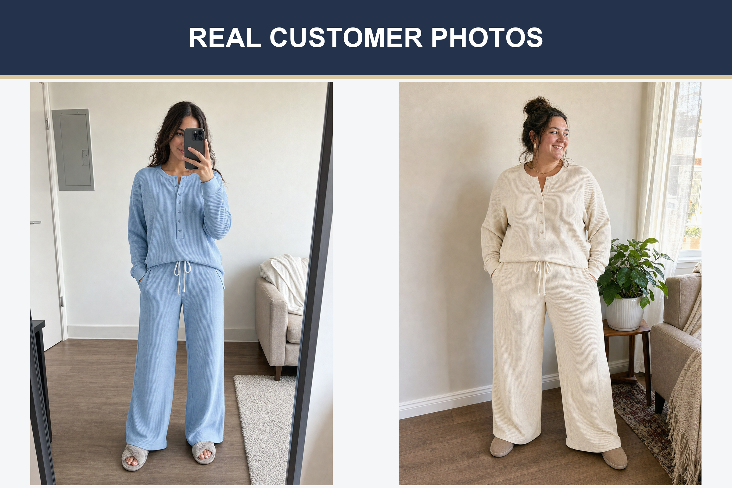 Real customer photos in light blue and ivory cream lounge sets