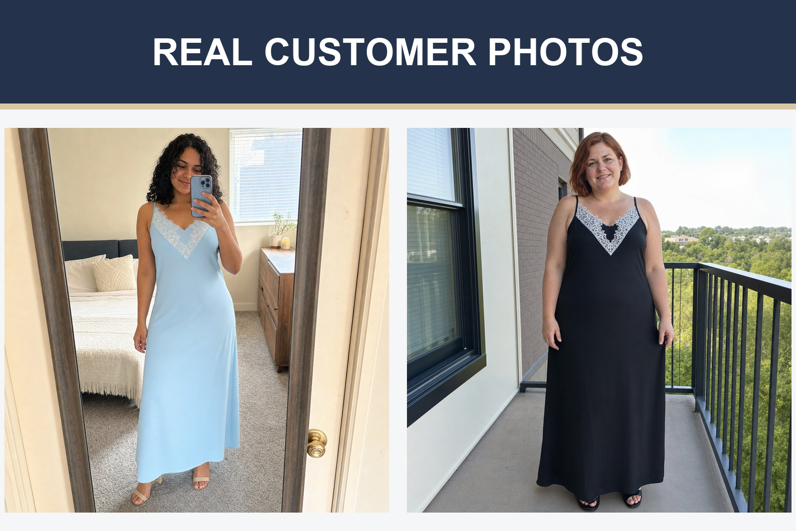 Real customer photos wearing powder blue and black lace trim maxi dresses