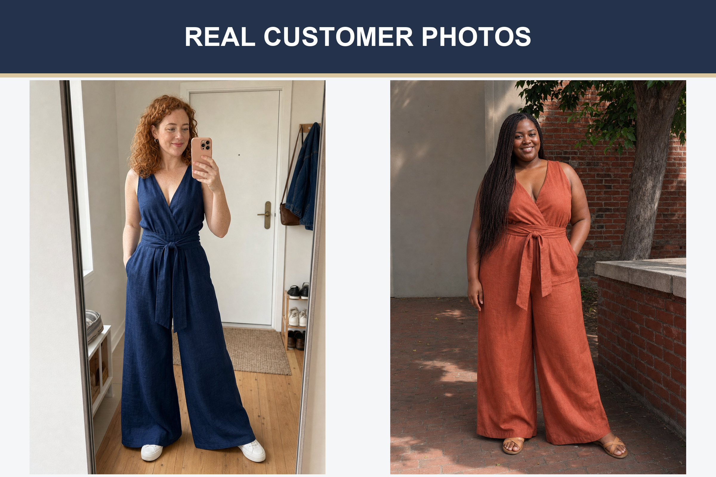 Real customer photos wearing navy and terracotta wide-leg jumpsuits