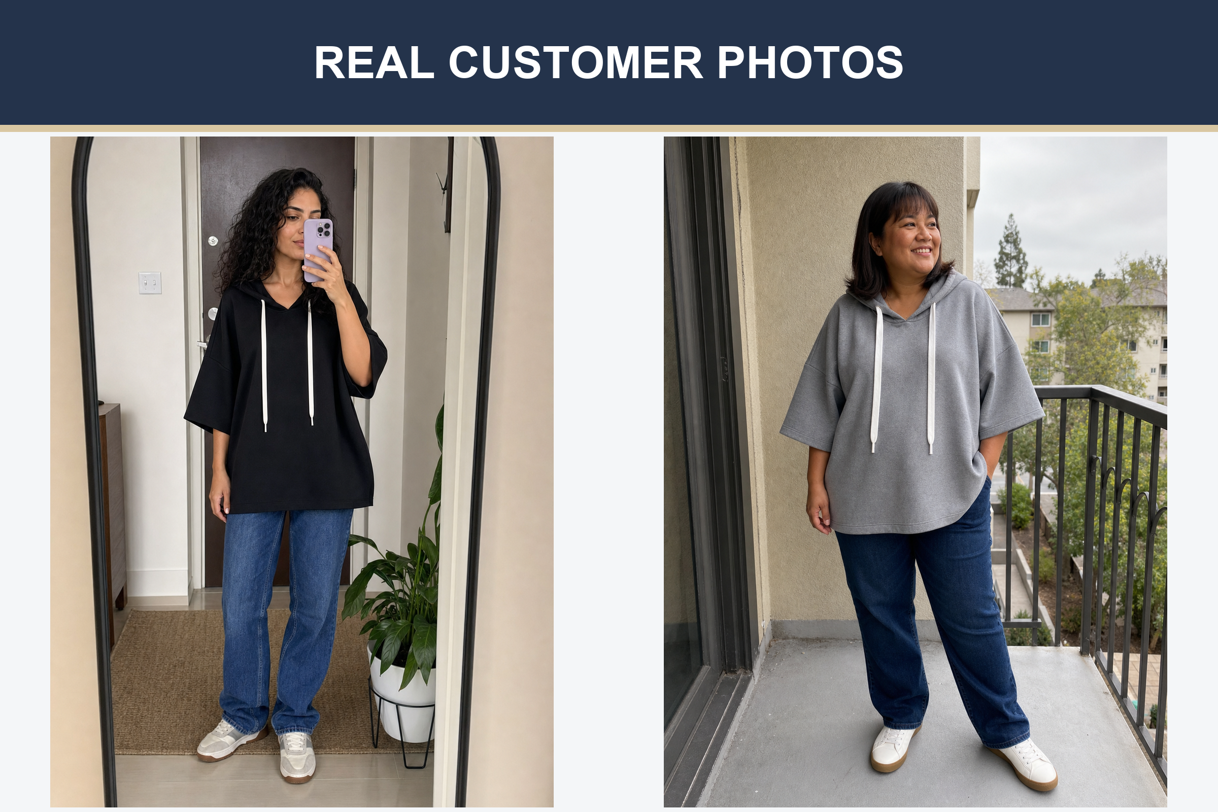 Real customer oversized hoodie photos in black and heather grey