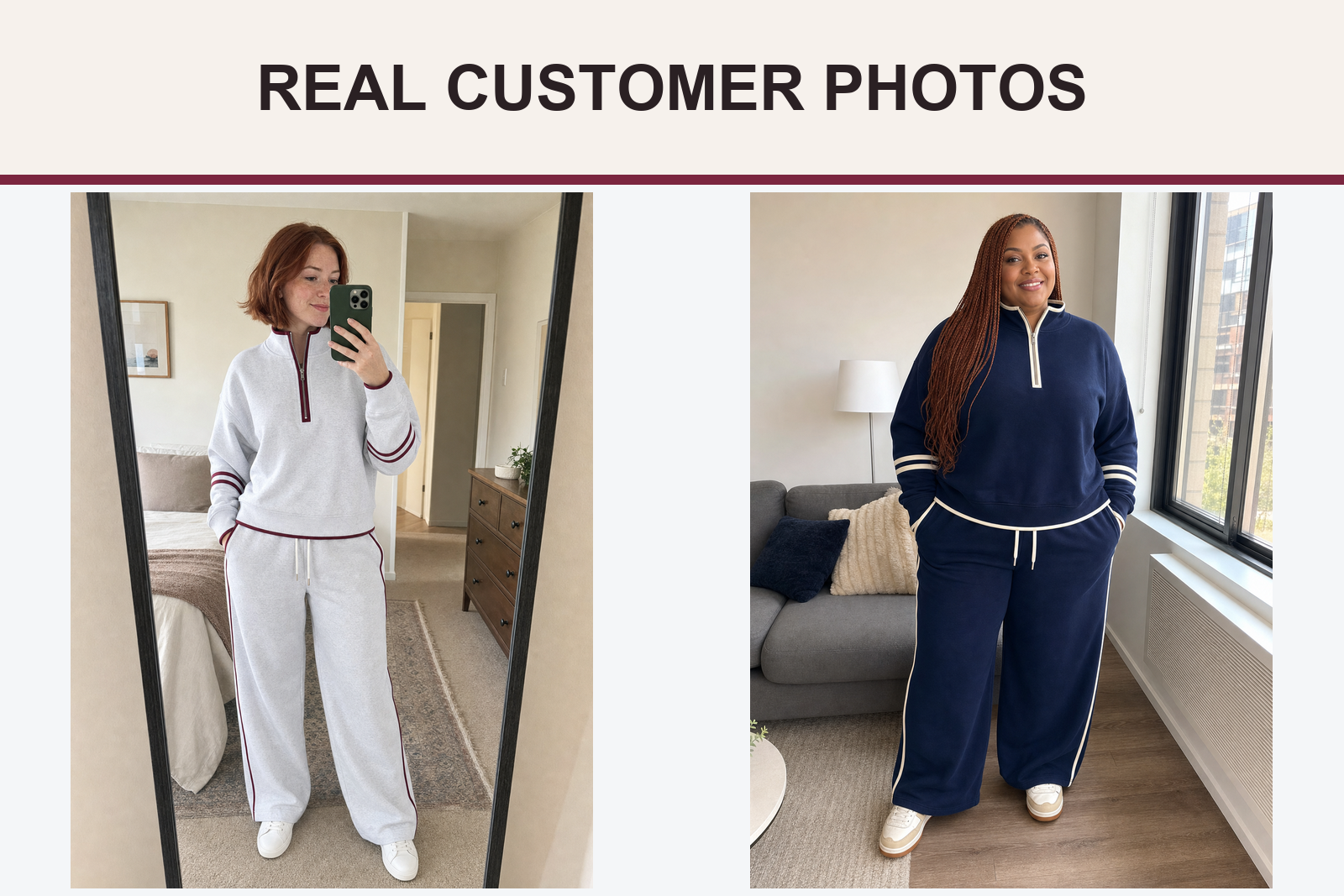 Real customer photos in grey burgundy and navy ivory sets