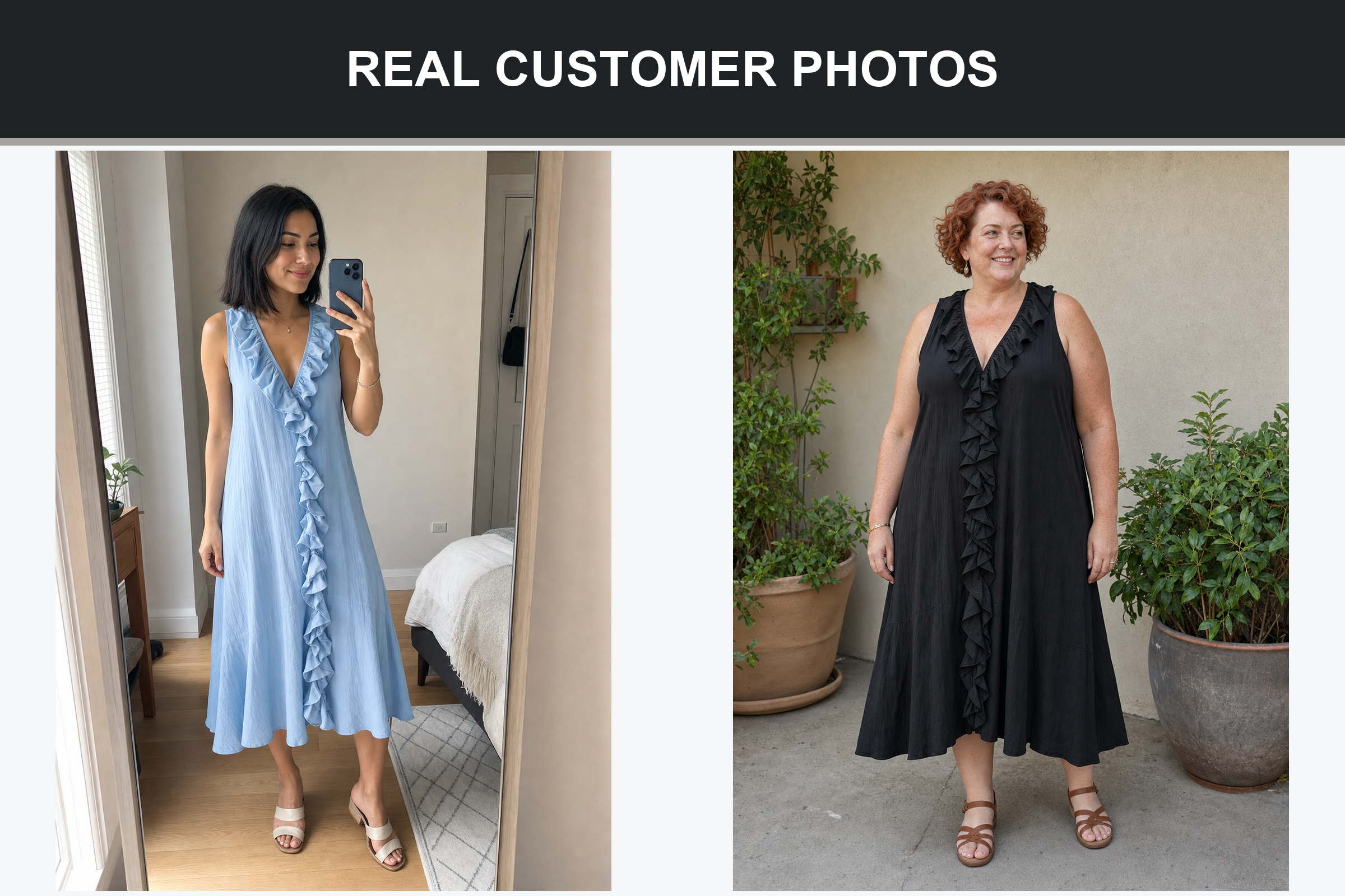Real customer photos wearing powder blue and black ruffle midi dresses