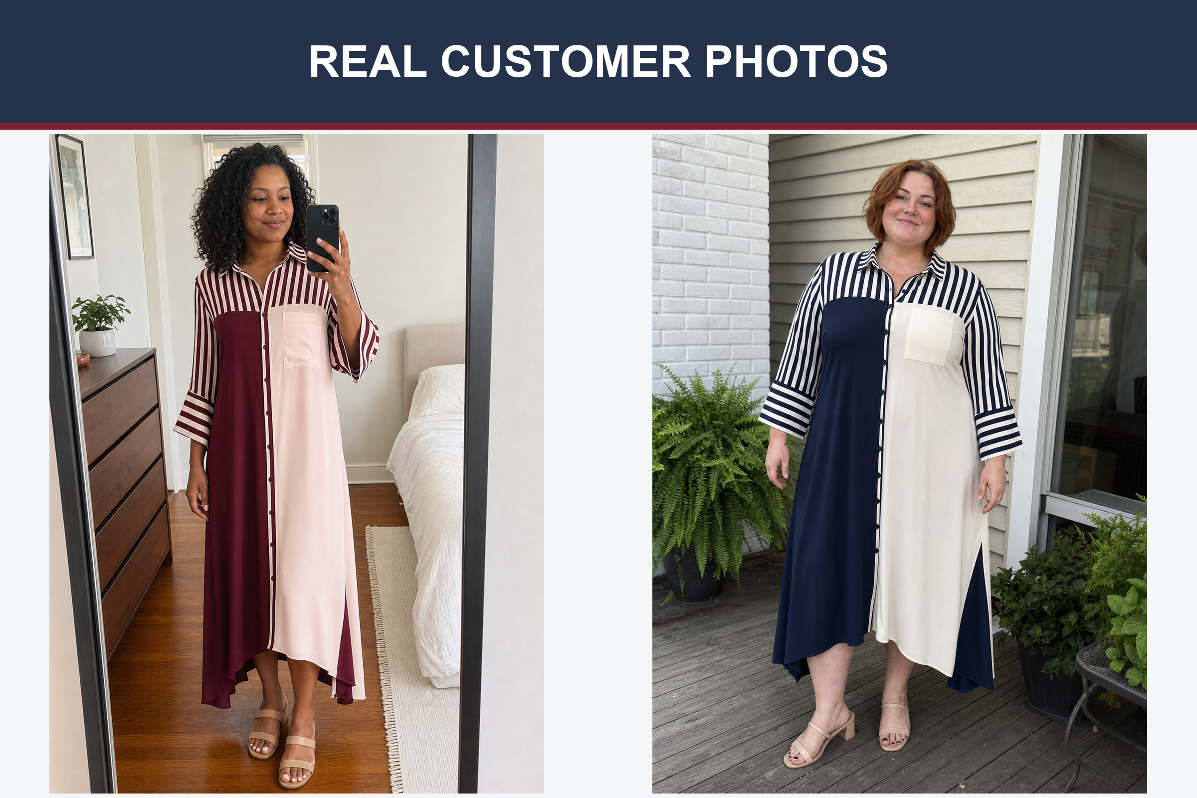 Real customer shirt dress photos with one phone and one friend-taken image
