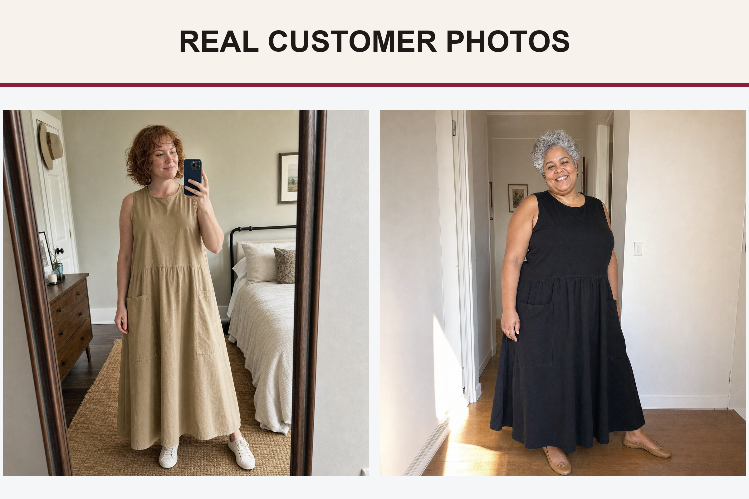 Real customer utility maxi dress photos in khaki and black