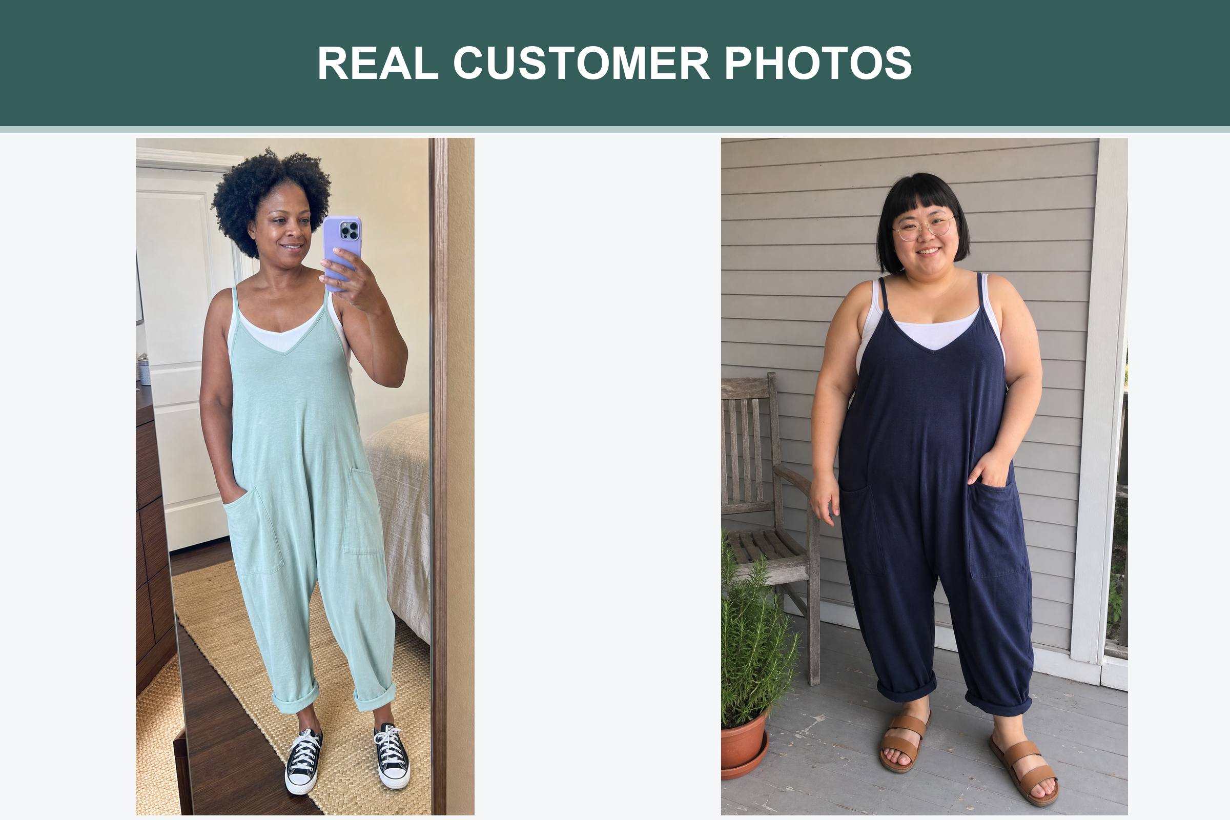 Real customer photos wearing dusty mint and navy relaxed jumpsuits