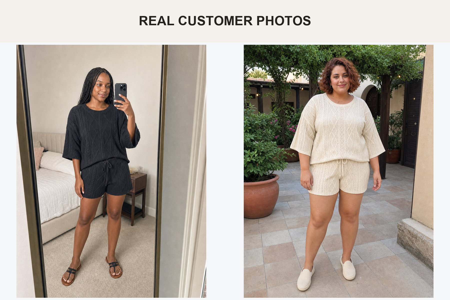 Real customer photos wearing charcoal and ivory knit sets