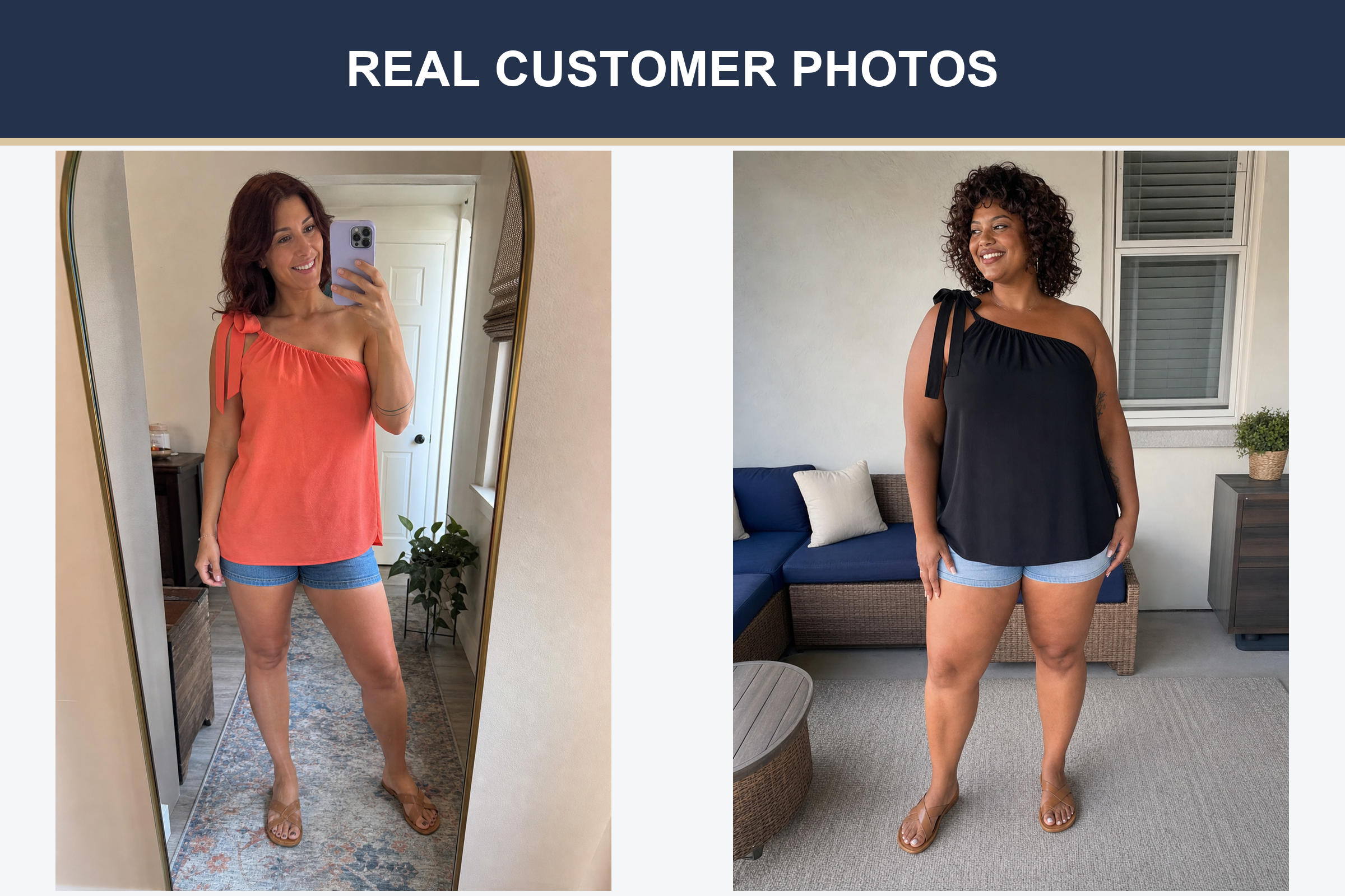 Real customer photos wearing coral orange and black one-shoulder tops