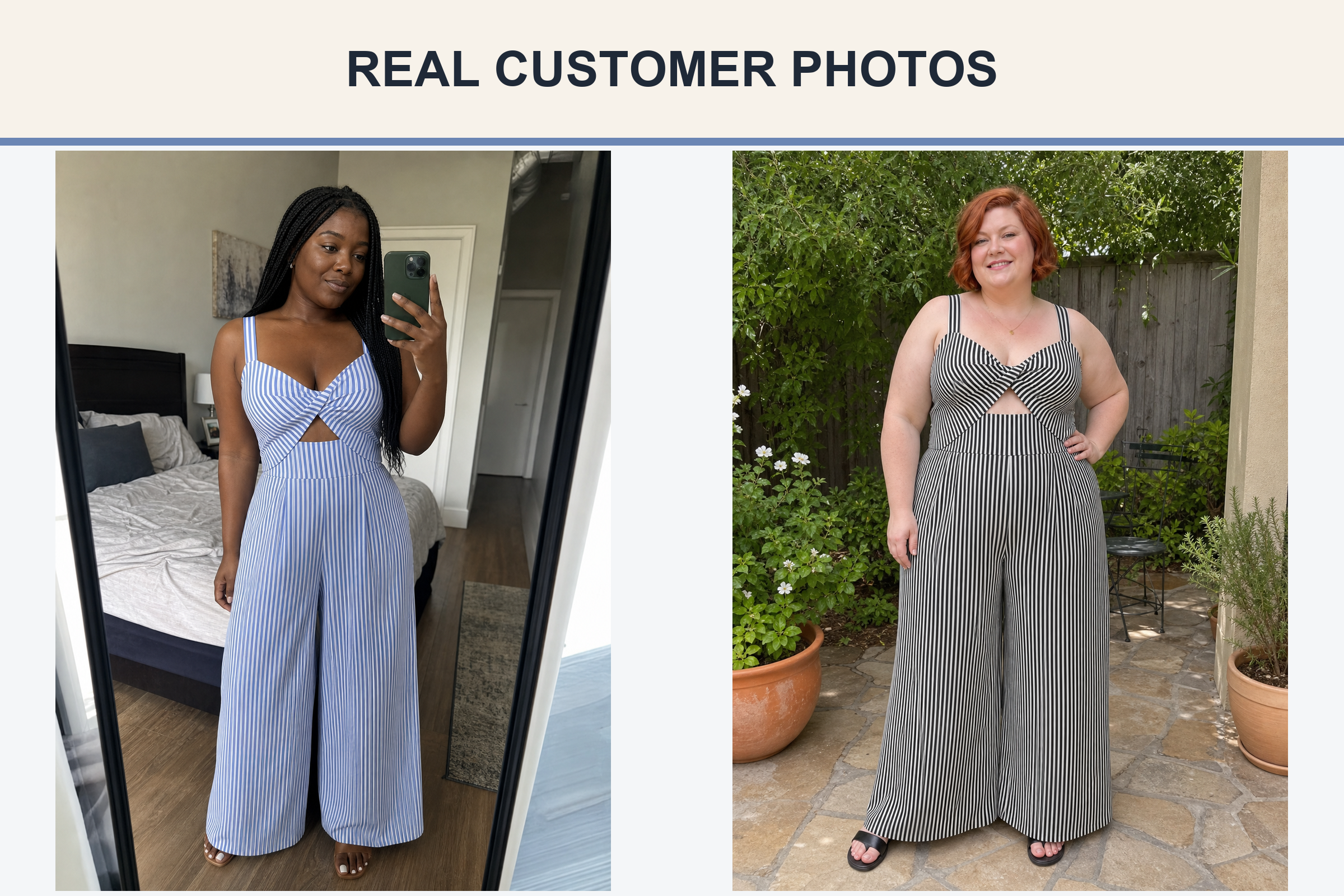 Customer photos wearing blue and black striped jumpsuits
