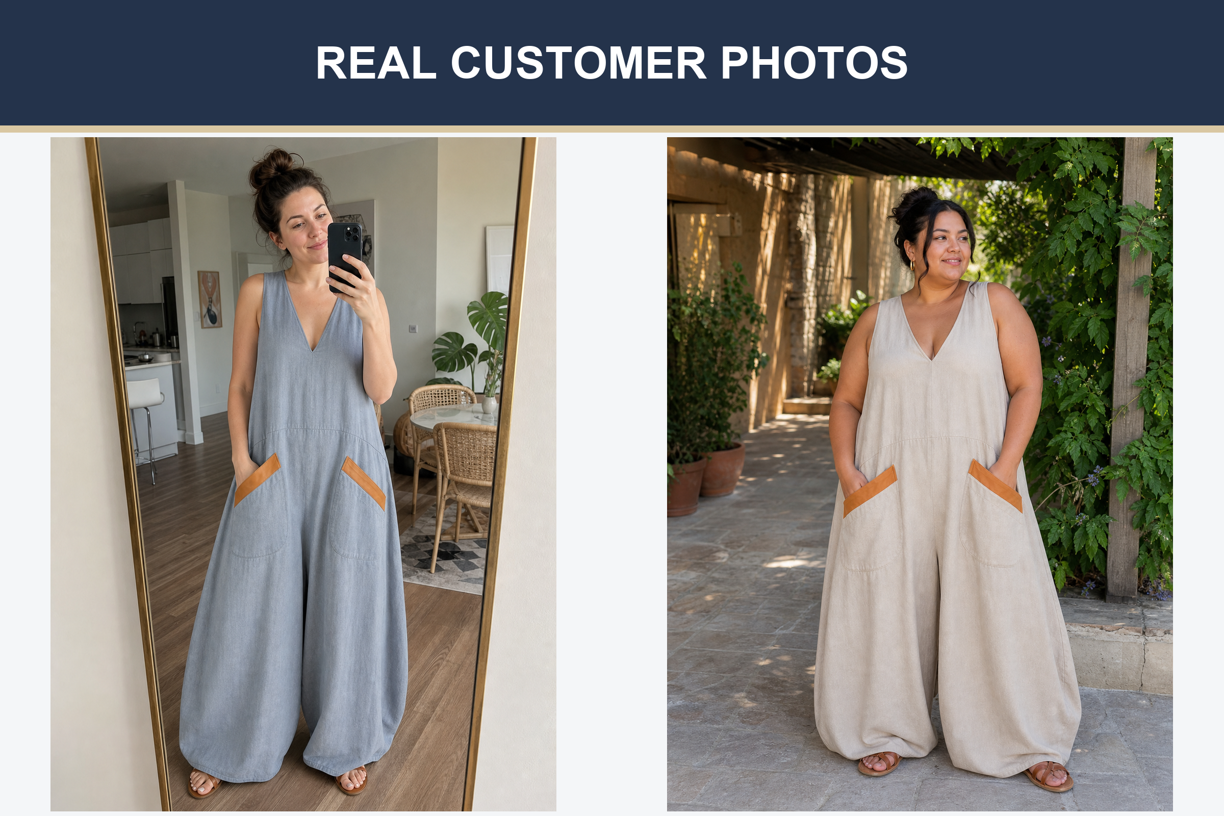 Real customer photos in gray blue and sand beige jumpsuits