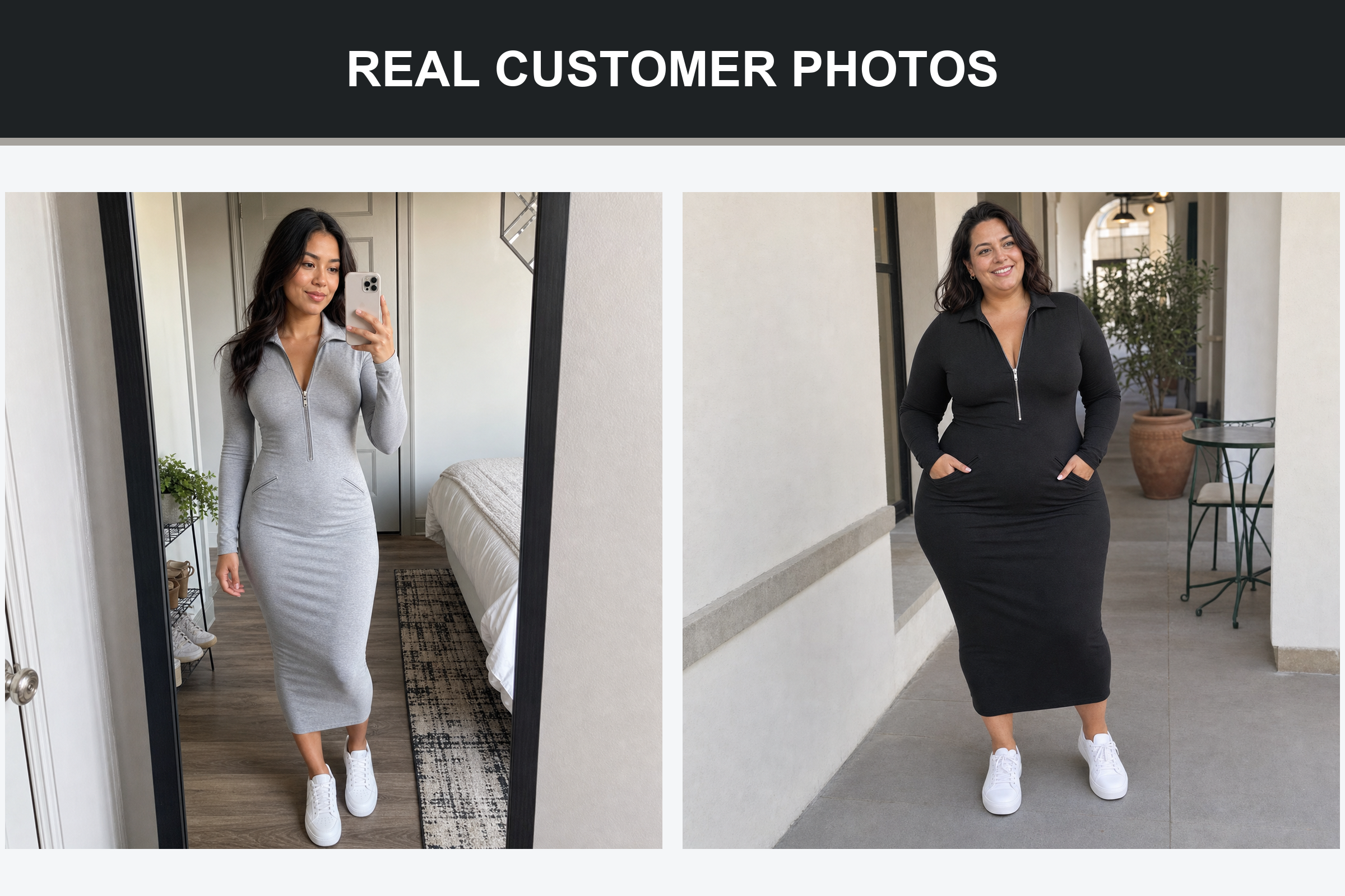Real customer photos wearing gray and black half-zip midi dresses