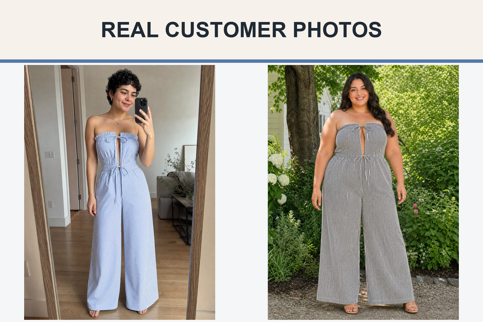 Real customer photos wearing blue and black striped jumpsuits