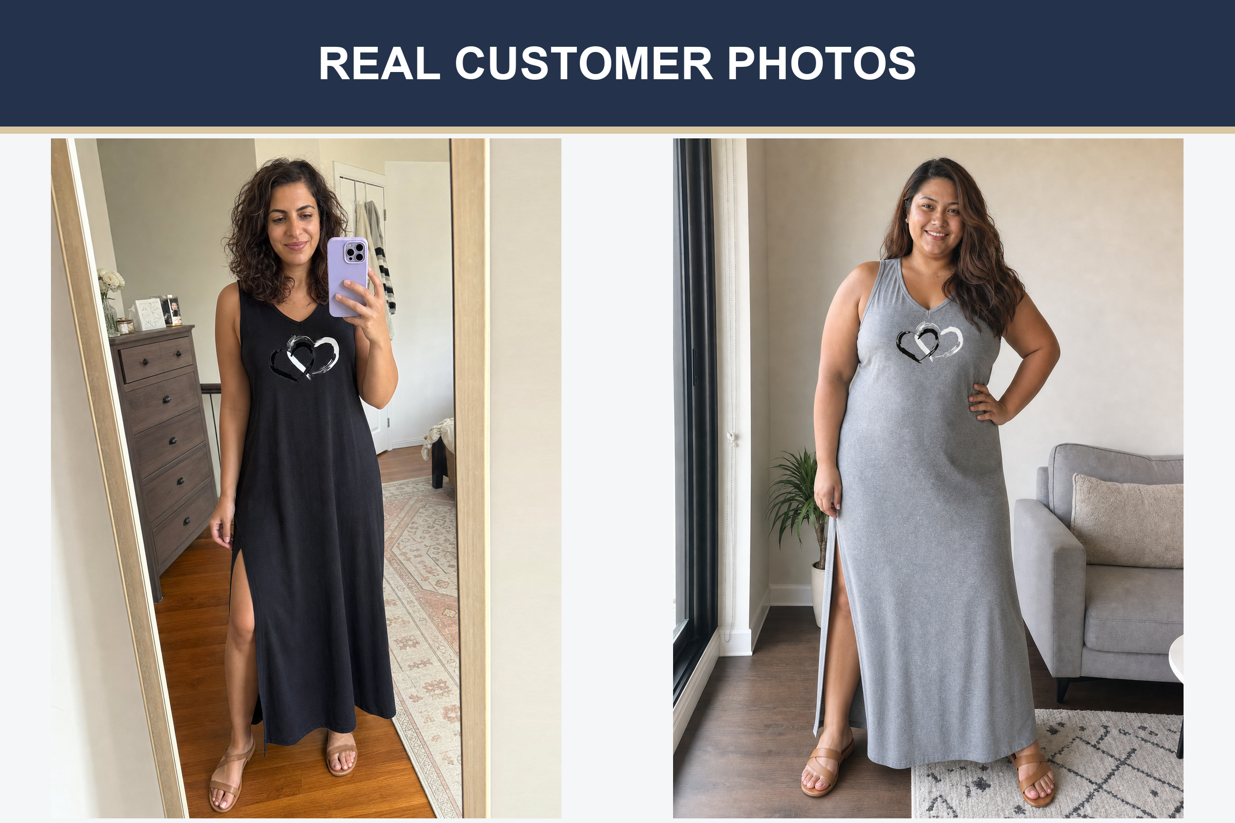 Real customer double-heart maxi dress photos in black and heather grey