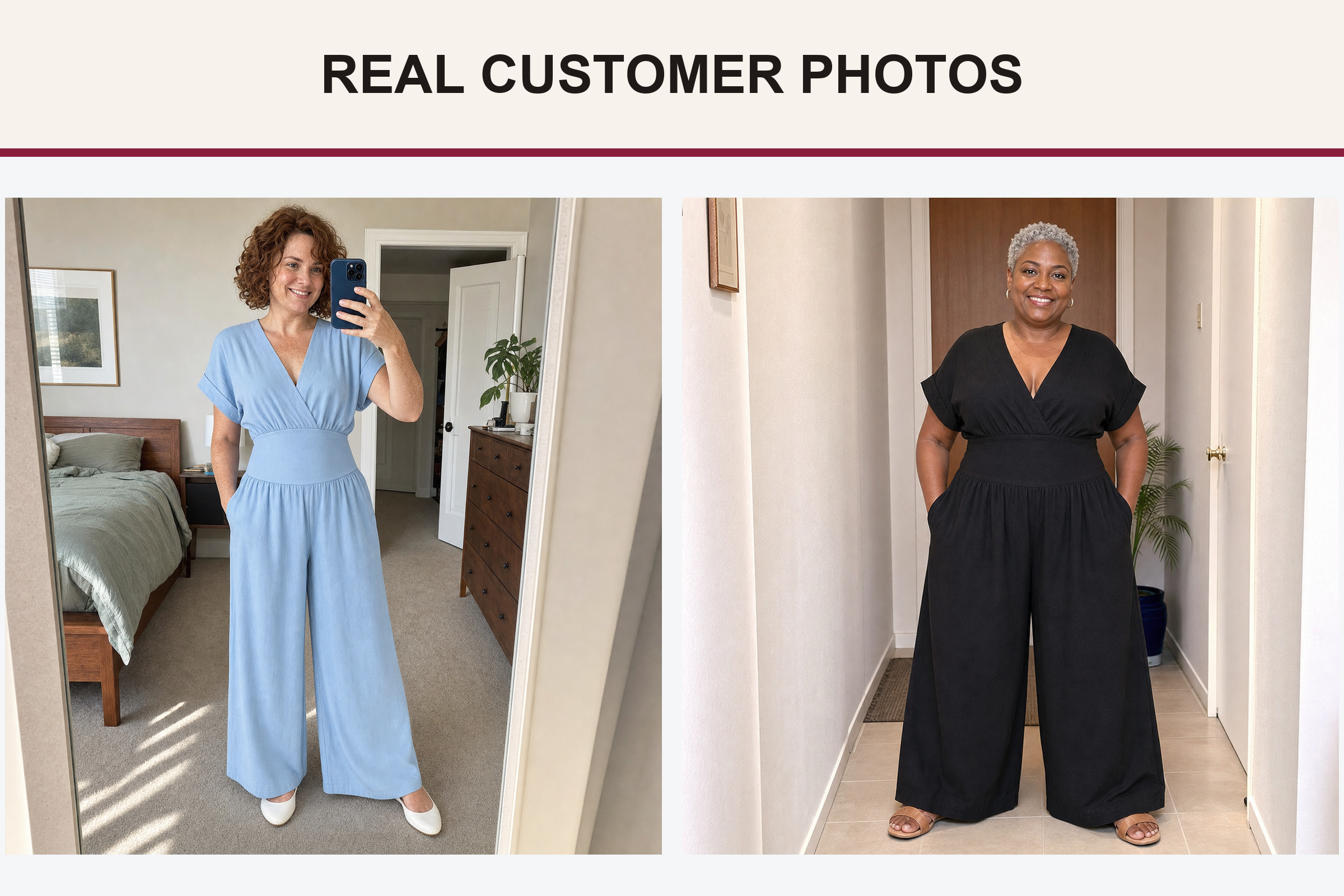 Real customer wide-leg jumpsuit photos in light blue and black