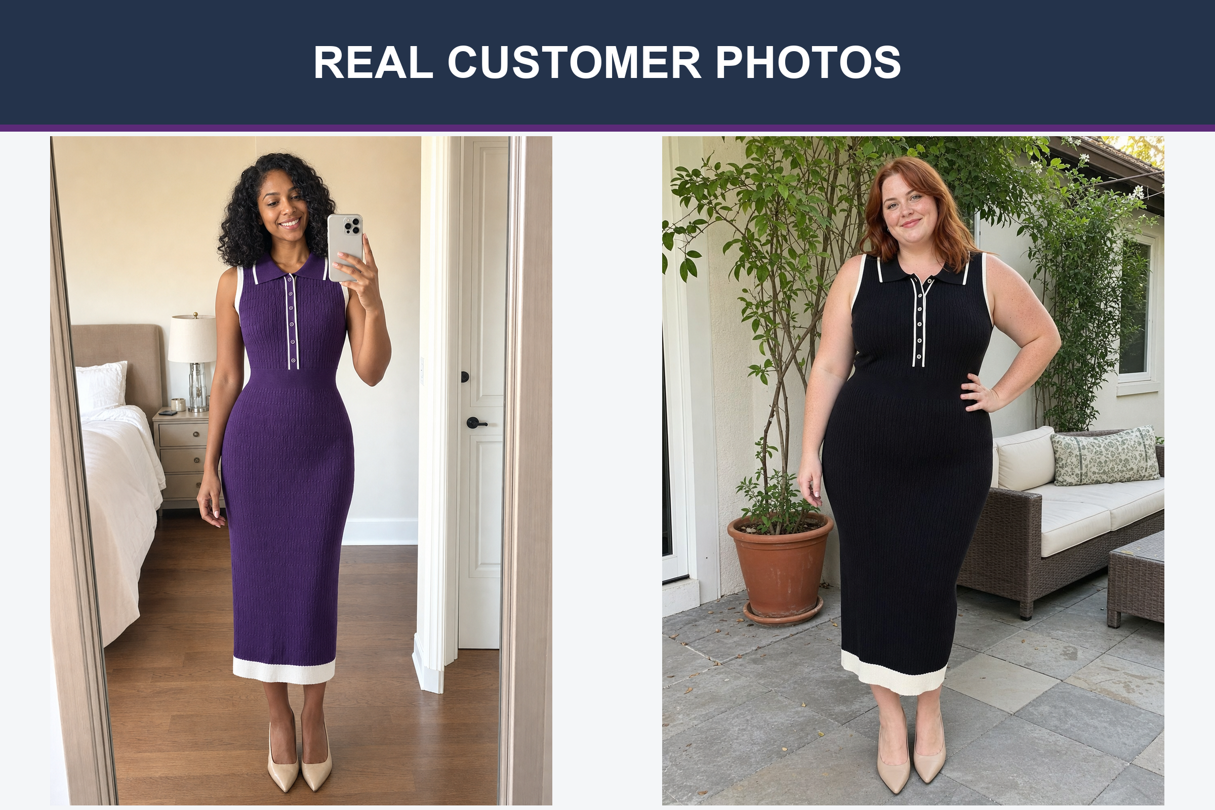 Real customer photos wearing purple and black knit polo dresses