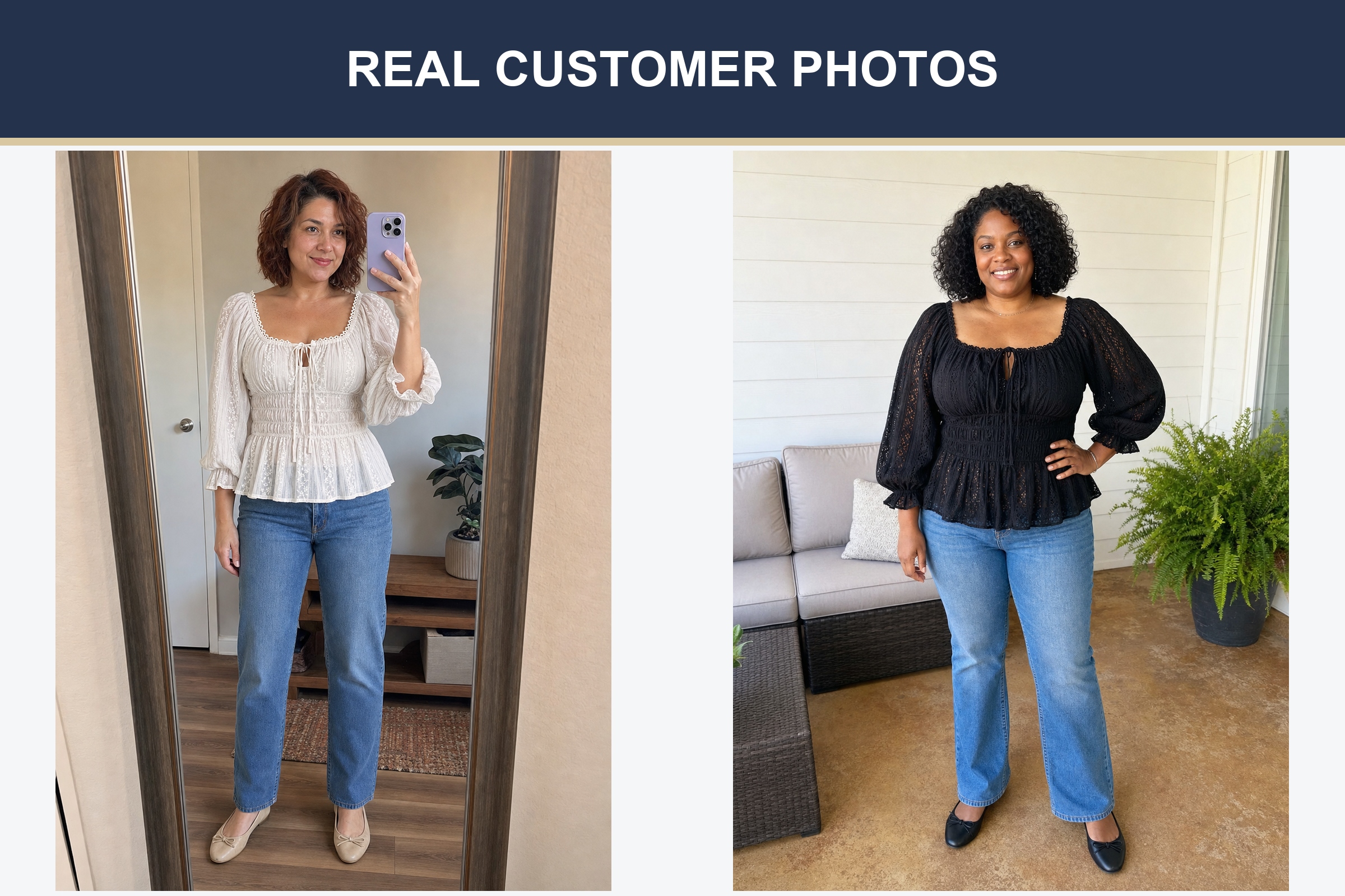 Real customer photos wearing ivory and black smocked lace blouses